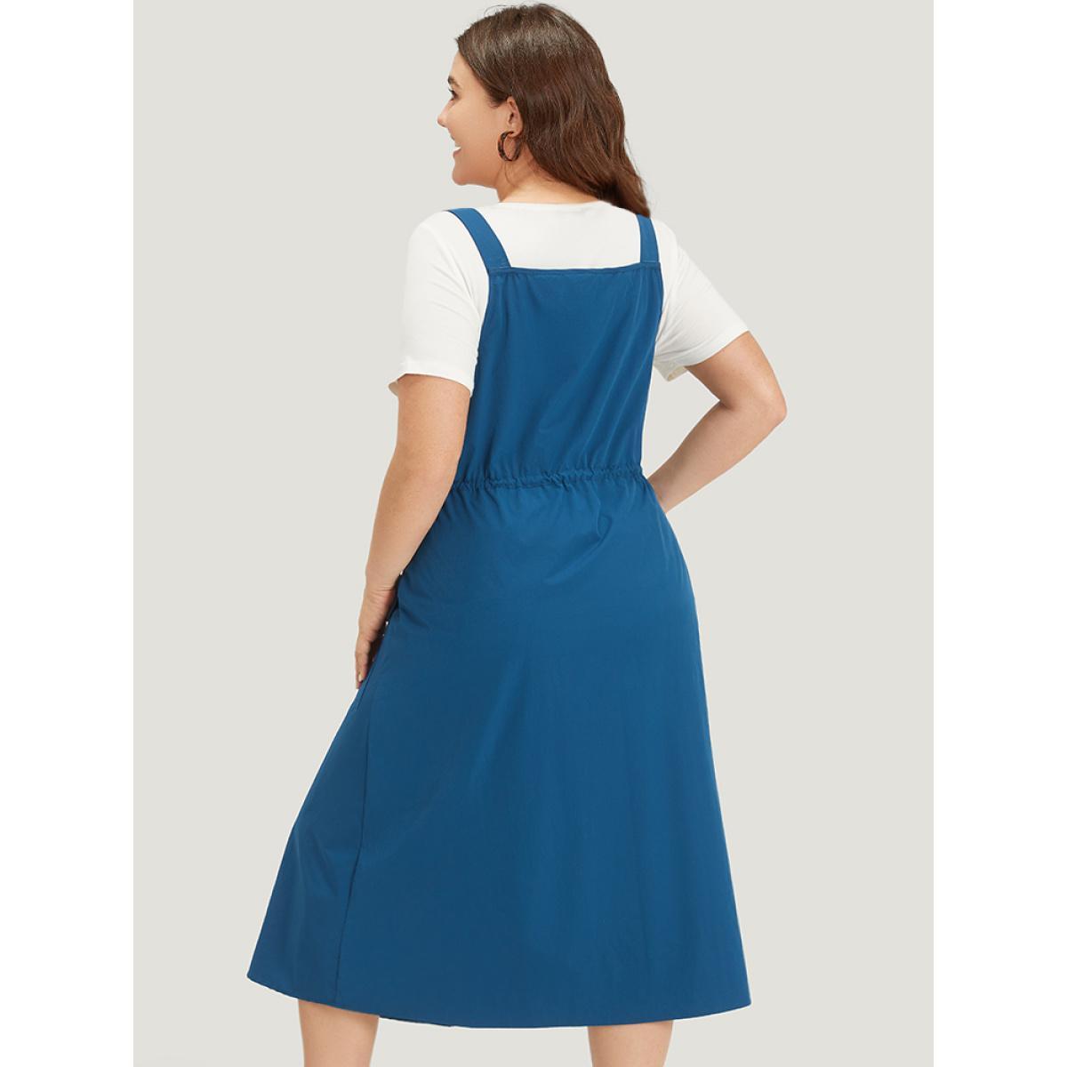 Plus Size Solid Drawstring Flap Pocket Overall Cami Dress Aegean Women Casual Adjustable Straps Spaghetti Strap Sleeveless Curvy Midi Dress BloomChic 14-16/1X Product Image