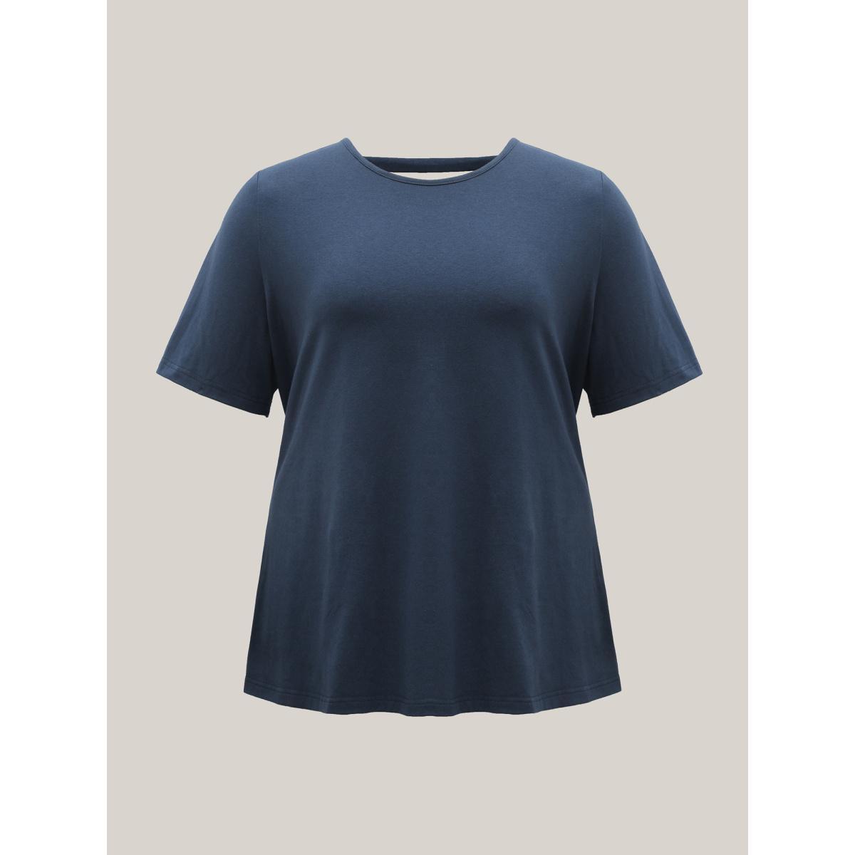 Plus Size Pure Cotton Knotted Backless T-Shirt Midnight Women Twist Round Neck Vacation T-shirts BloomChic 12/L Product Image