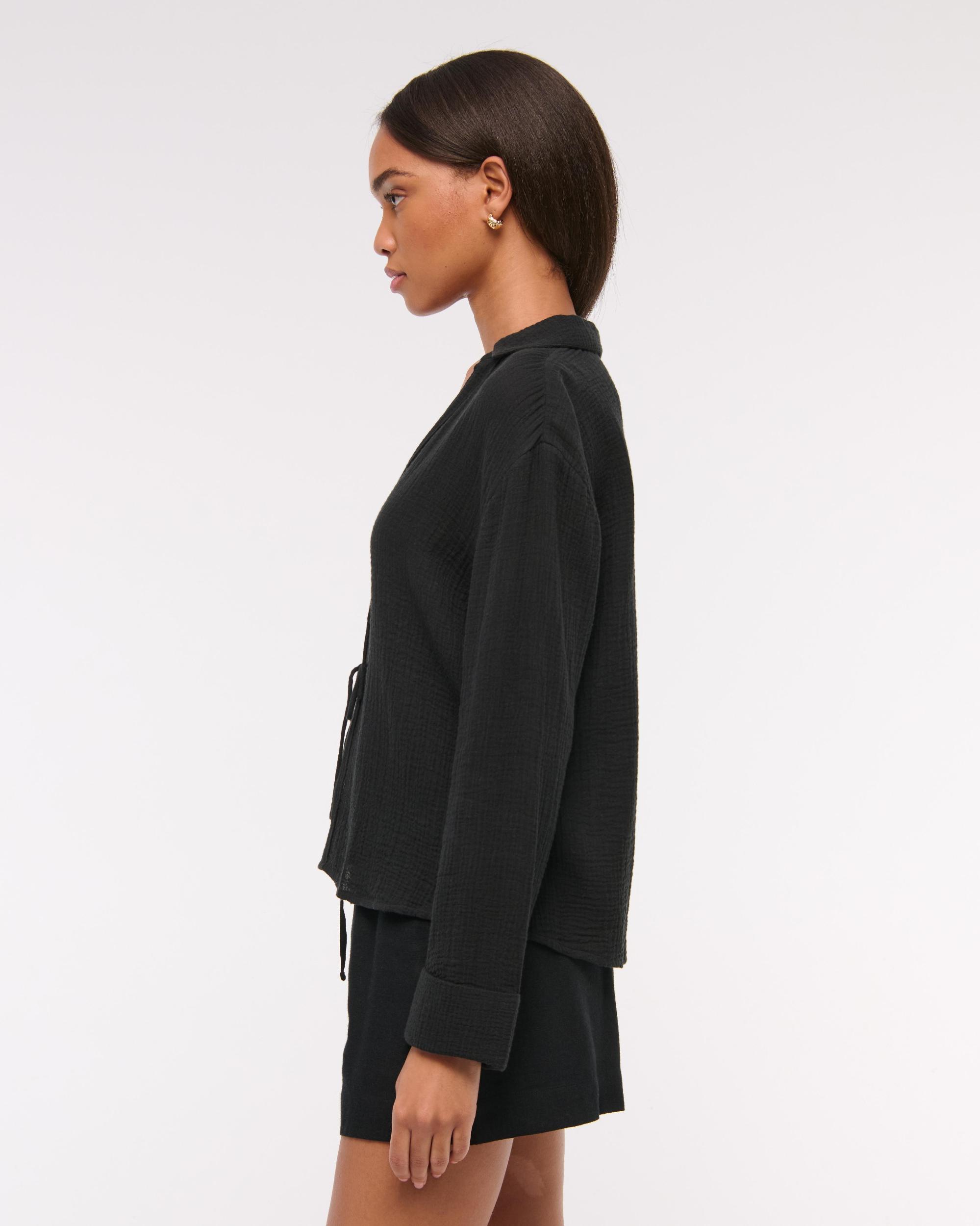 Long-Sleeve Oversized Tie-Front Gauzy Shirt Product Image