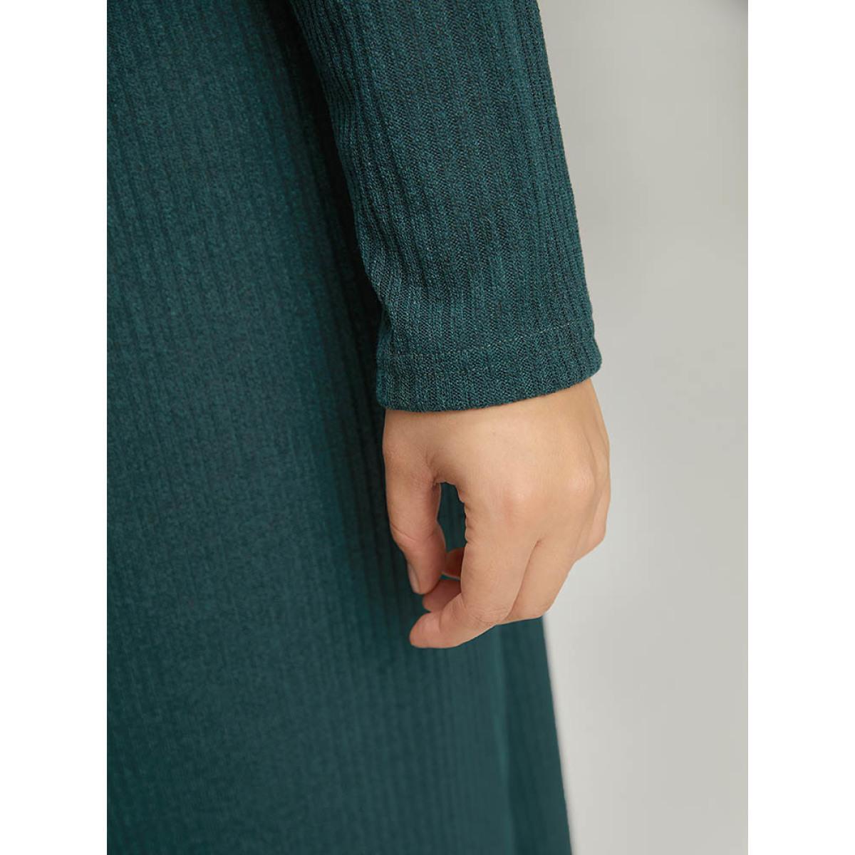 Plus Size Rib Knit Button Detail Belted Wrap Hem Dress Cyan Women Casual Texture V-neck Long Sleeve Curvy Midi Dress BloomChic 30/6X Product Image