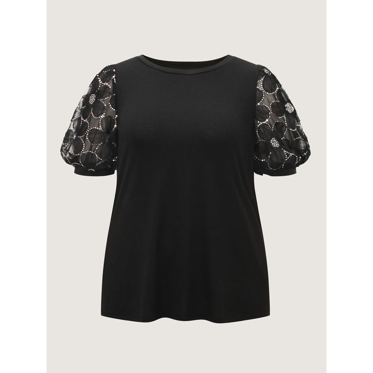 Plus Size Floral Sequin Mesh Round Neck T-shirt Black Women Elegant See through Round Neck Everyday T-shirts BloomChic 18-20/2X Product Image