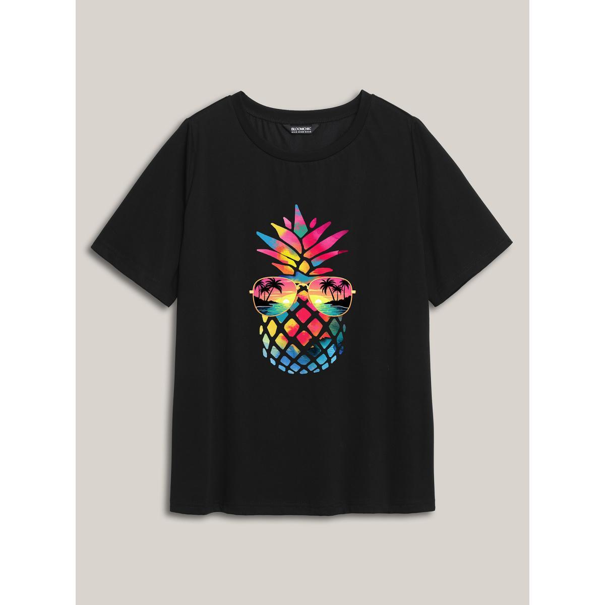 Plus Size Pineapple Vibes Print Round Neck T-Shirt Black Women Non Fruit Round Neck Everyday-Casual T-shirts BloomChic 26/4X Product Image