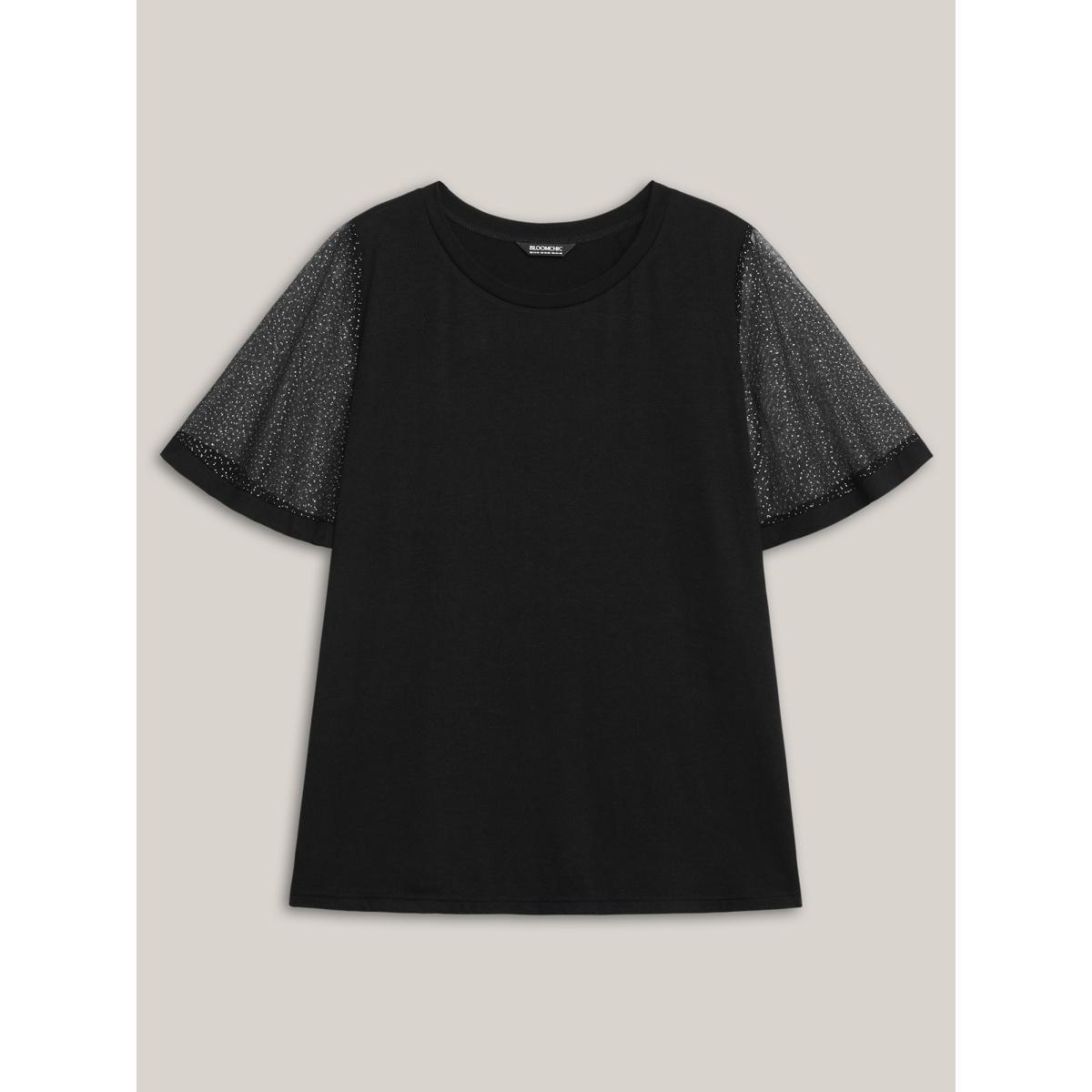 Plus Size Sheer Luxe Mesh Sleeve Round Neck T-Shirt Black Women Elegant See through Round Neck Everyday T-shirts BloomChic 10/M Product Image