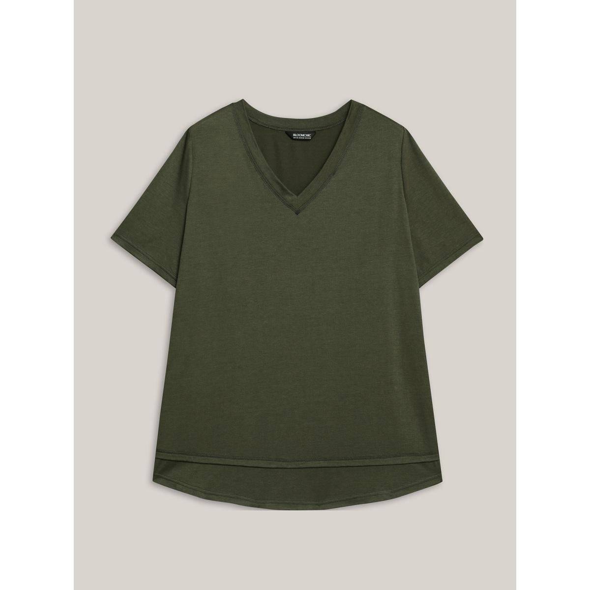 Plus Size V-Neck Half-Sleeve T-Shirt ArmyGreen Women Casual Topstitching V-neck Everyday T-shirts BloomChic 28/5X Product Image