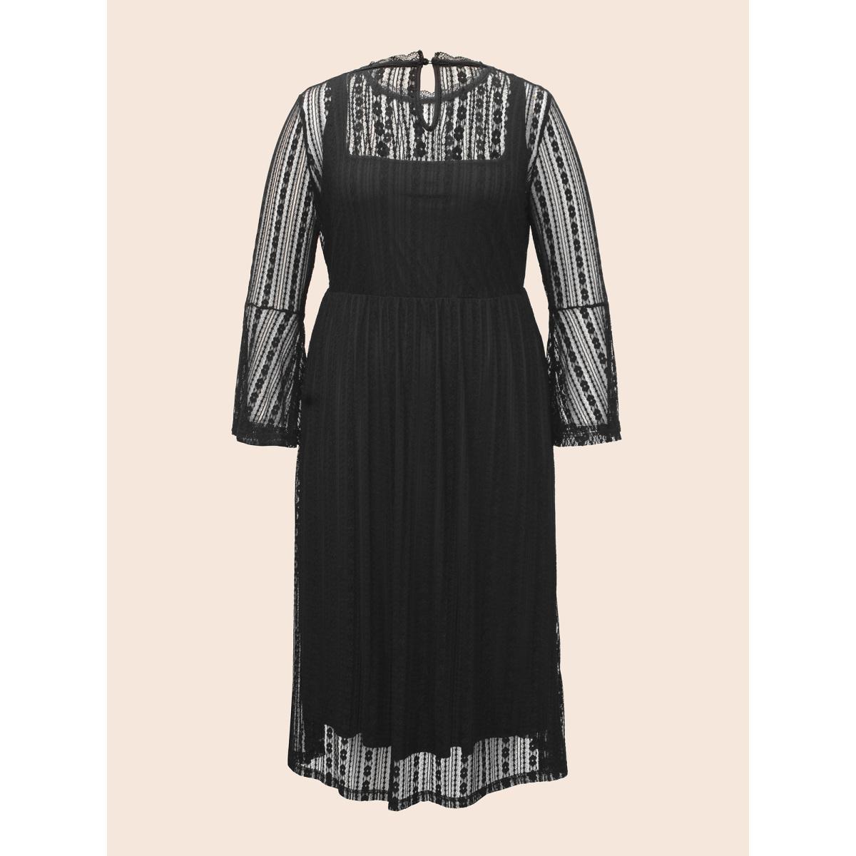 Plus Size Spellbound Halter Neck Sheer Midi Dress Black Women Cocktail Woven ribbon&lace trim Party Curvy Bloomchic 12/L Product Image