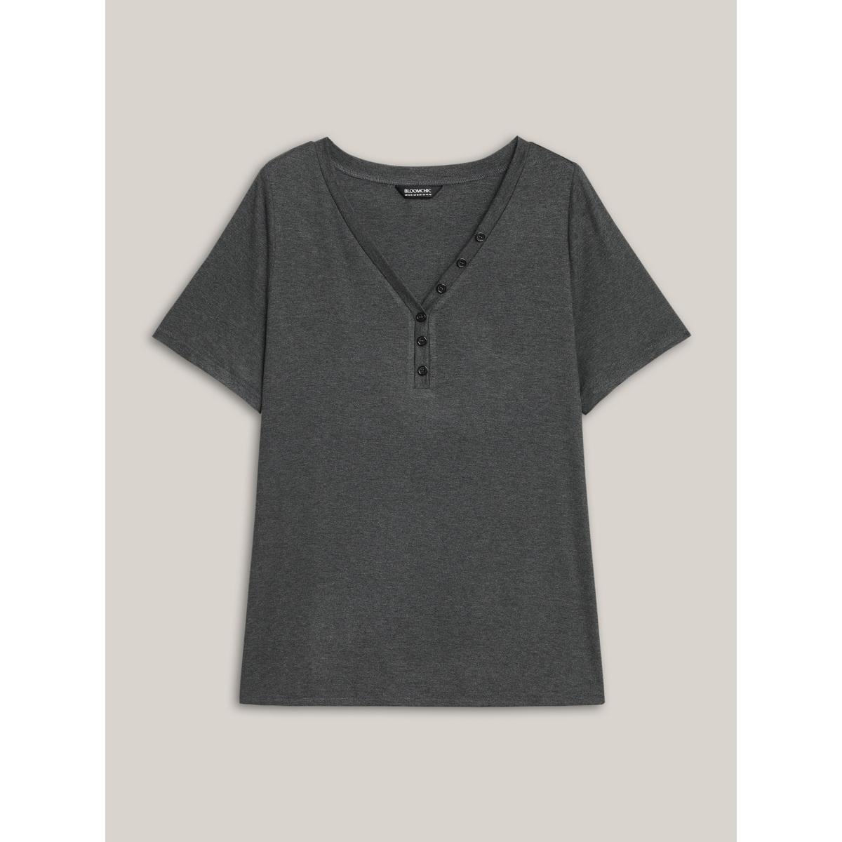 Plus Size Adjustable Neck Coverage Button Placket T-Shirt DimGray Women Casual Button V-neck Everyday T-shirts BloomChic 28/5X Product Image