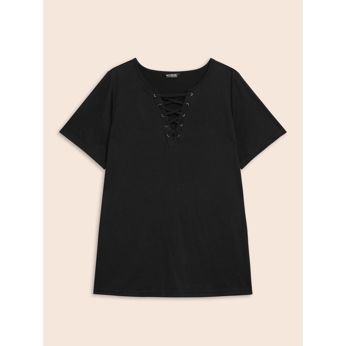 Plus Size Solid Cross Straps Eyelet T-shirt Black Women Casual Eyelet V-neck Everyday T-shirts BloomChic 30/6X Product Image