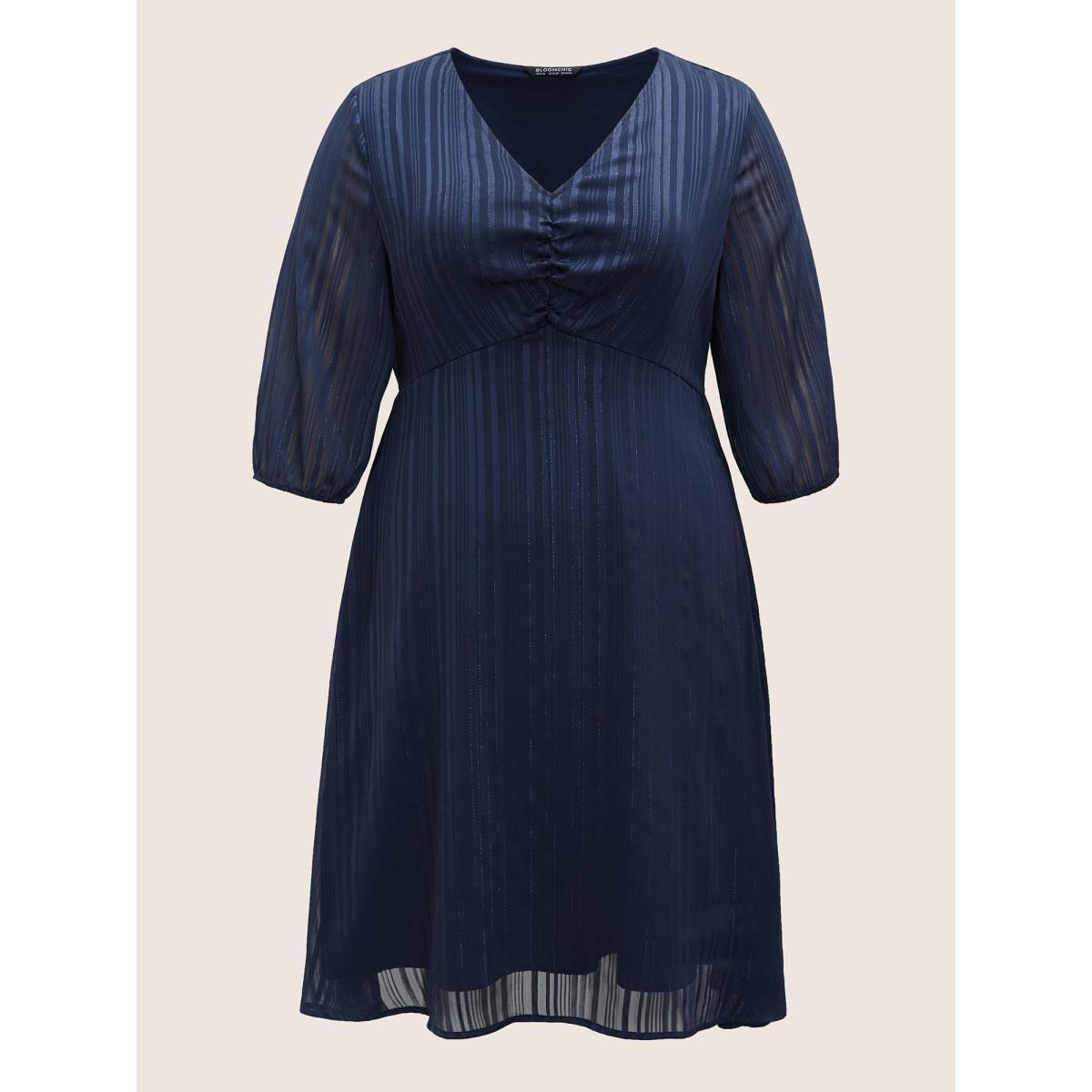 Plus Size Textured Chiffon Mesh Patchwork Ruched Dress Indigo Women At the Office Non V-neck Elbow-length sleeve Curvy Midi Dress BloomChic 30/6X Product Image