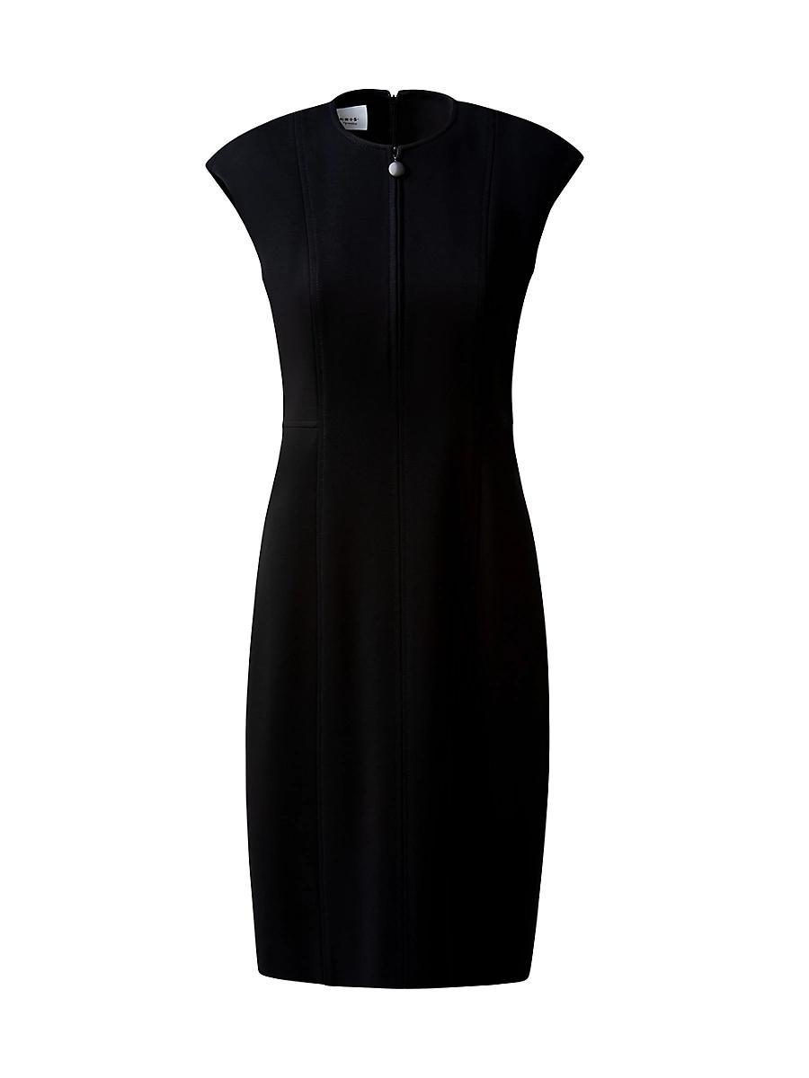 Cap-Sleeve Zip-Front Seamed Dress, Black Product Image