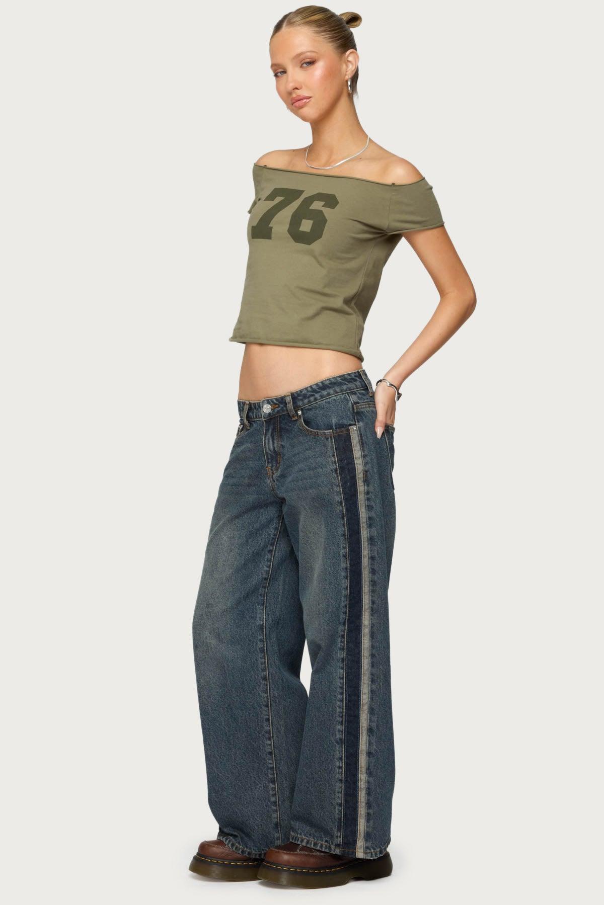 Petite Contrast Panel Low Rise Jeans Product Image