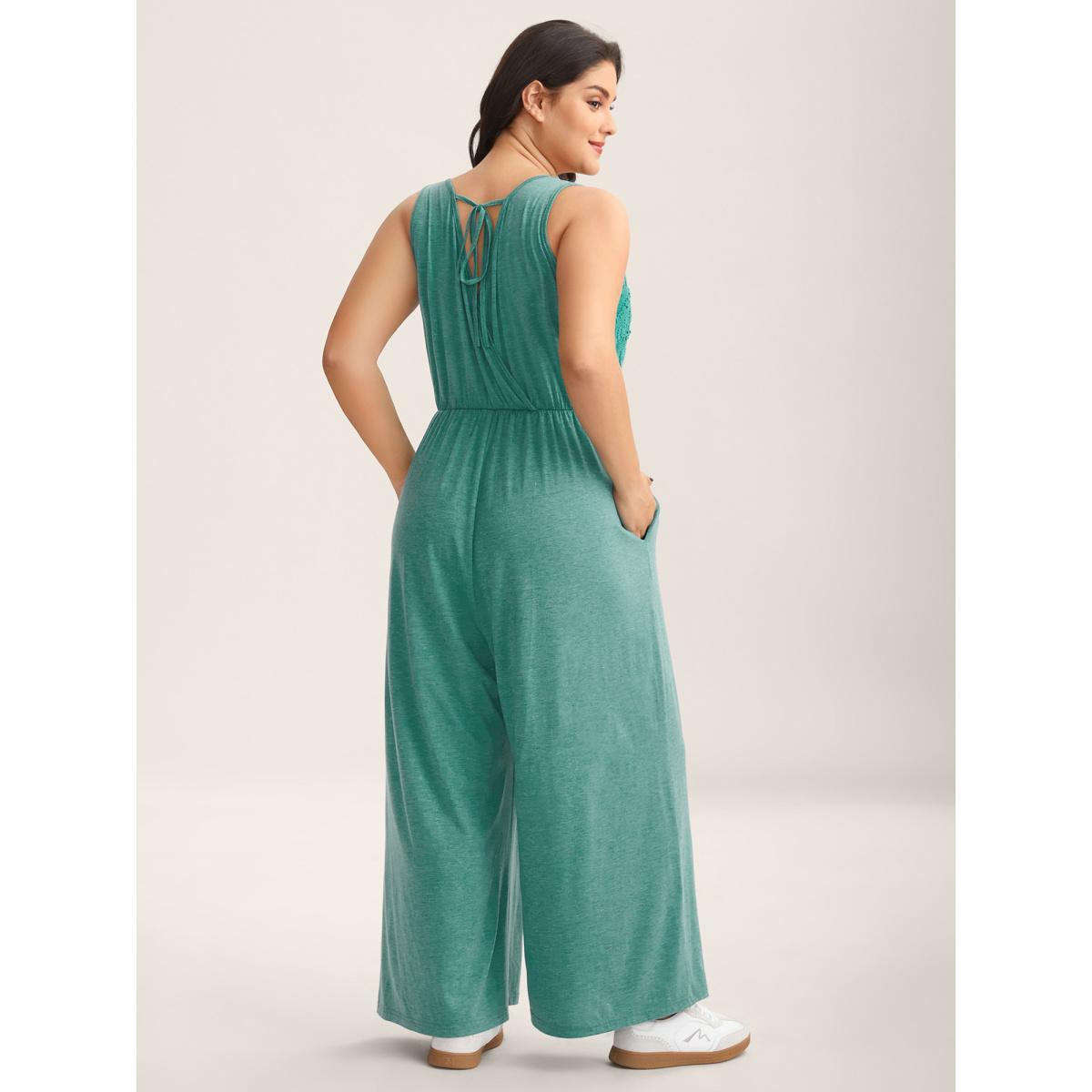 Plus Size Emerald Textured Bodice Spliced Pockets Jumpsuit Women Sleeveless Square Neck Everyday-Casual Loose Jumpsuits BloomChic 14-16/1X Product Image