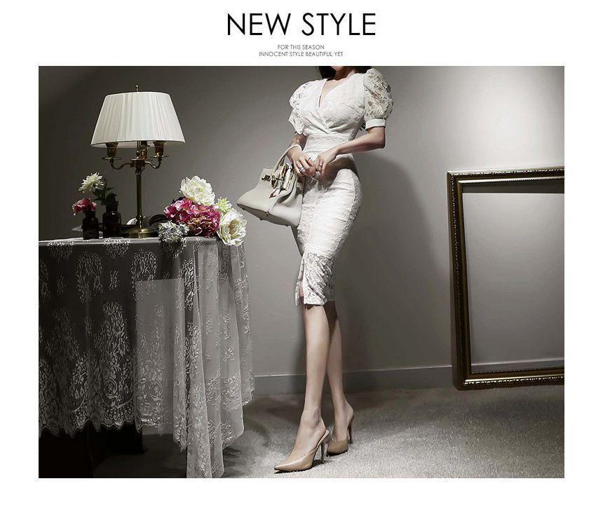 Puff-Sleeve V-Neck Plain Front-Slit Lace Sheath Dress Product Image