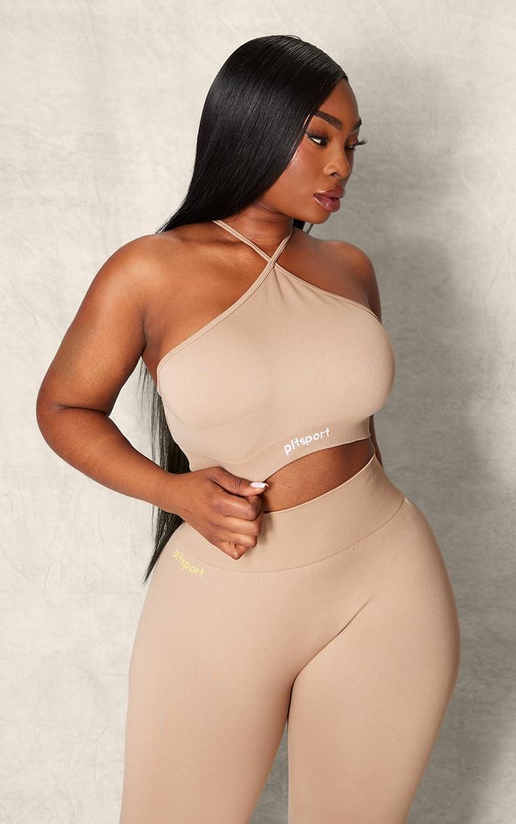 PLT SPORT Plus Light Mocha Seamless Halterneck Open Back Sports Bra Product Image