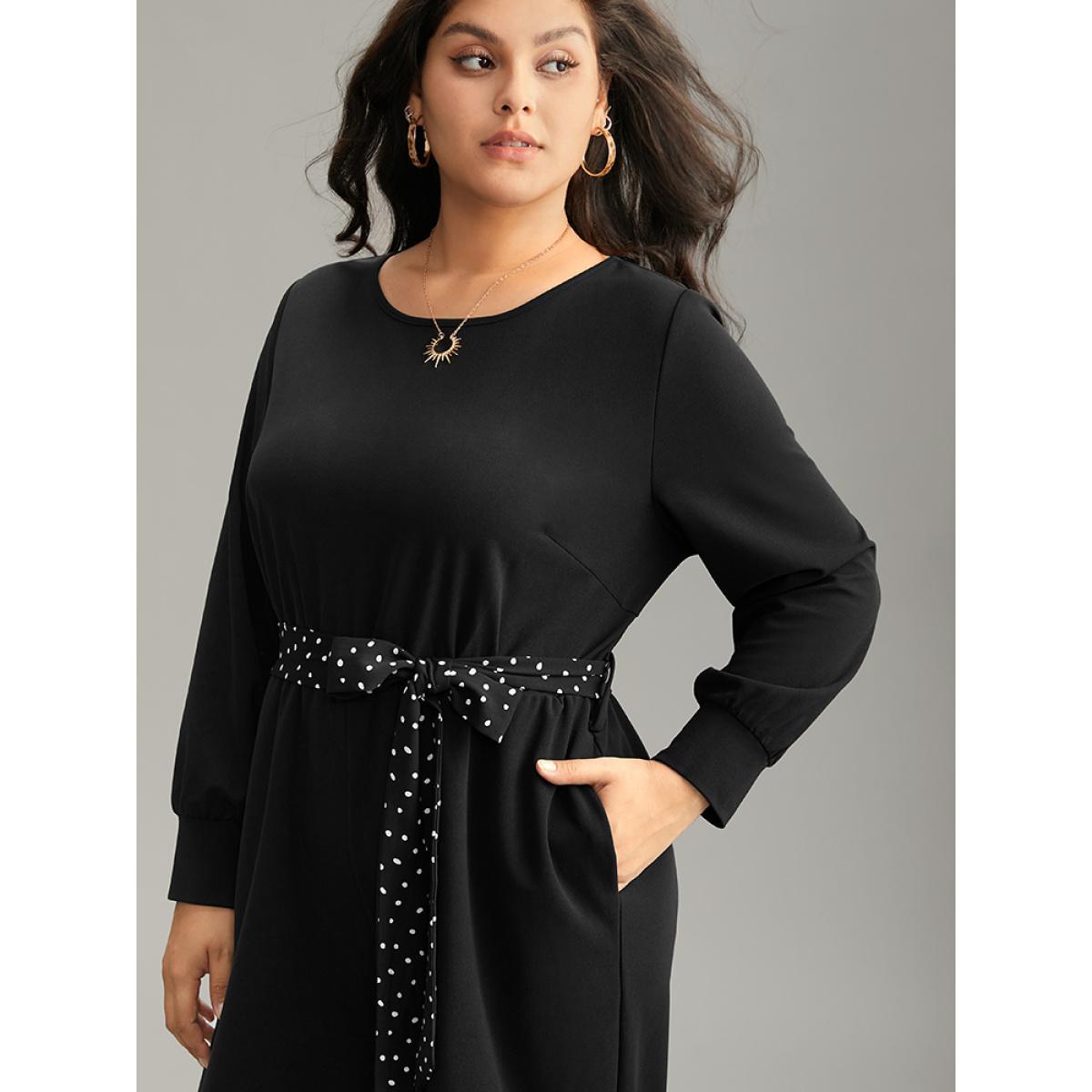 Plus Size Black Polka Dot Belted Pocket Elastic Waist Jumpsuit Women Casual Long Sleeve Round Neck Everyday Loose Jumpsuits BloomChic 14-16/1X Product Image