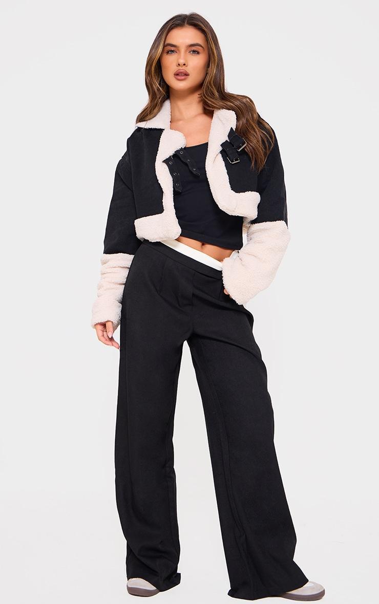 Black Cropped Denim Borg Contrast Aviator Jacket Product Image