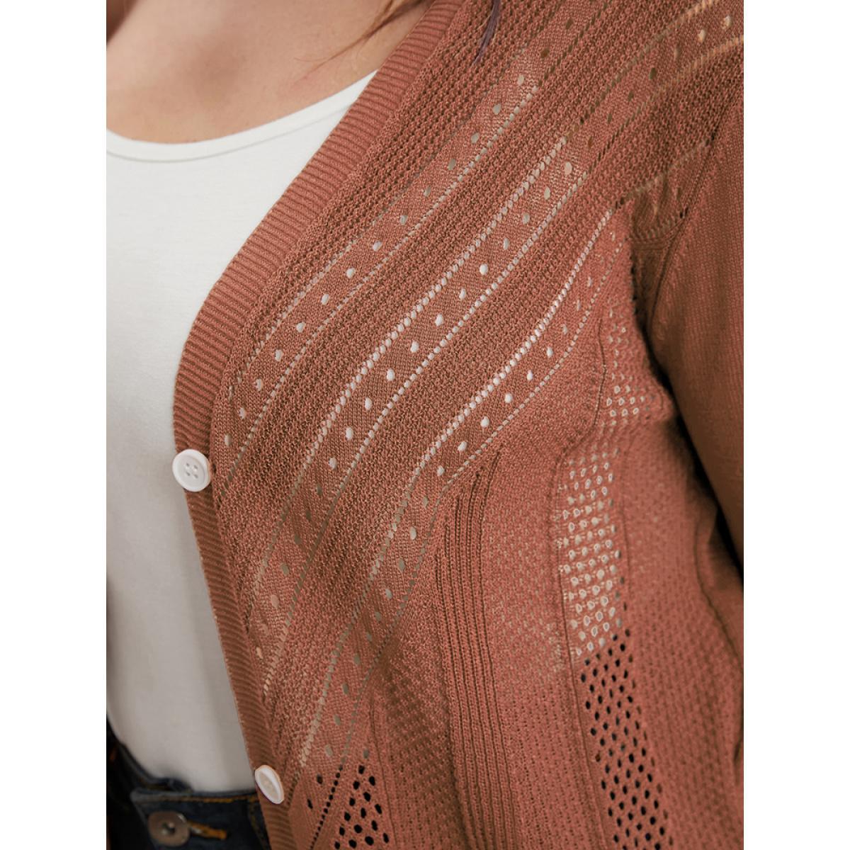 Plus Size Plain Ice Rayon Yarn Eyelet Pocket Button Front Cardigan Russet Women Casual Long Sleeve Dailywear Cardigans BloomChic 10/M Product Image