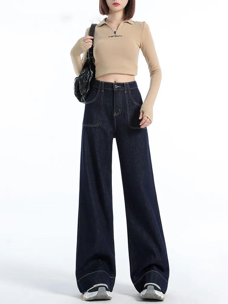 Mid Rise Contrast Stitched Wide Leg Jeans Product Image