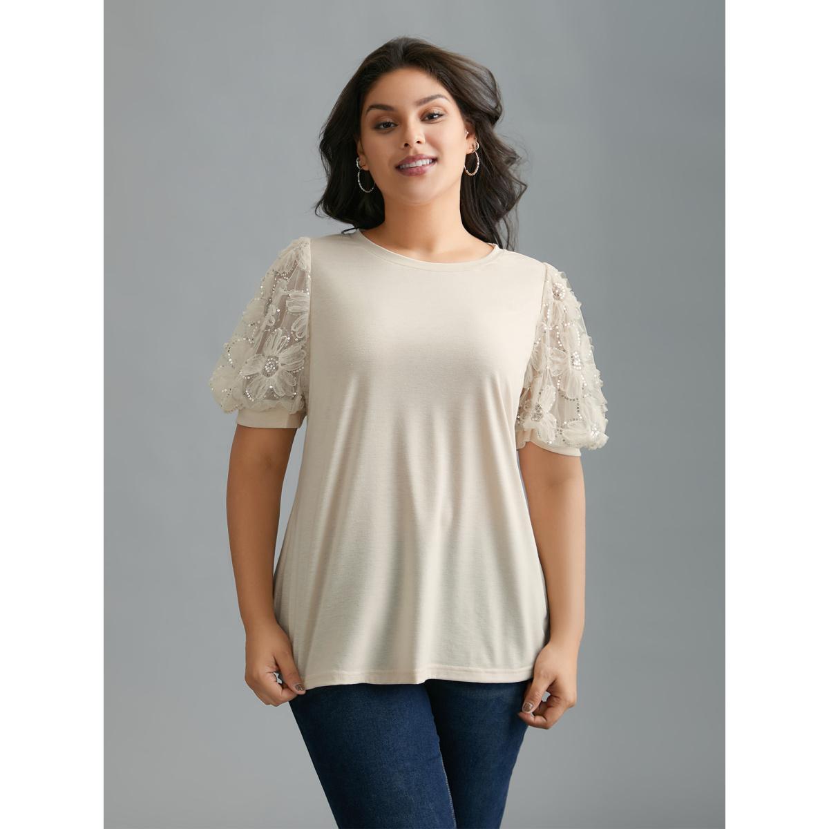 Plus Size Floral Sequin Mesh Round Neck T-shirt Beige Women Elegant See through Round Neck Everyday T-shirts BloomChic 22-24/3X Product Image