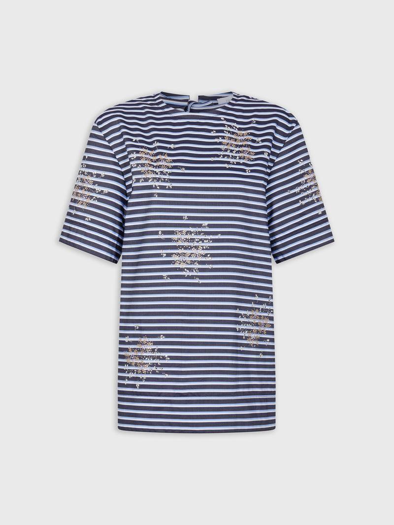 STRIPED WHITE AND BLUE EMBROIDERED TEE-SHIRT IN COTTON POPLIN Product Image