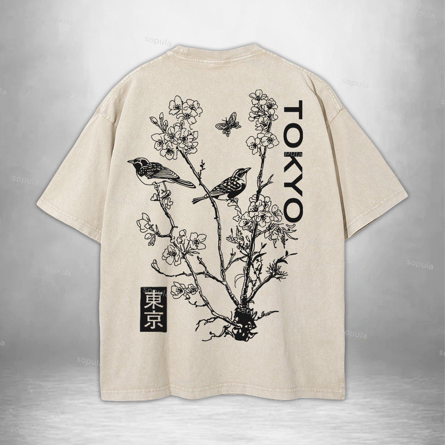 Japan Style Insect Bird Floral Print Acid Washed T-shirt Product Image