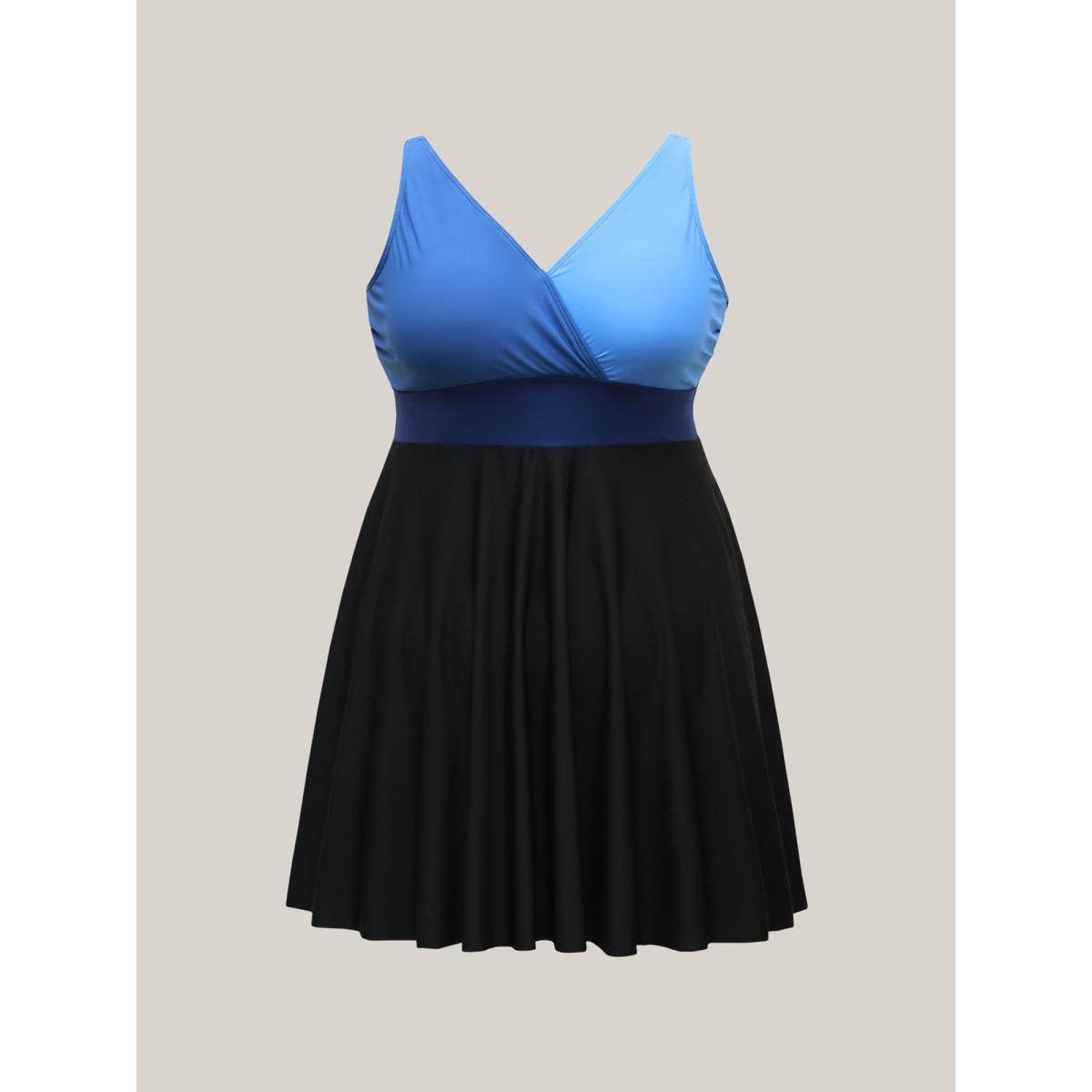 Plus Size Color-Block Surplice Neck Adjustable Swim Dress Women's Swimwear Mediumblue Beach Bodycon Overlap Collar High stretch Curve Swim Dresses BloomChic 14-16/1X Product Image