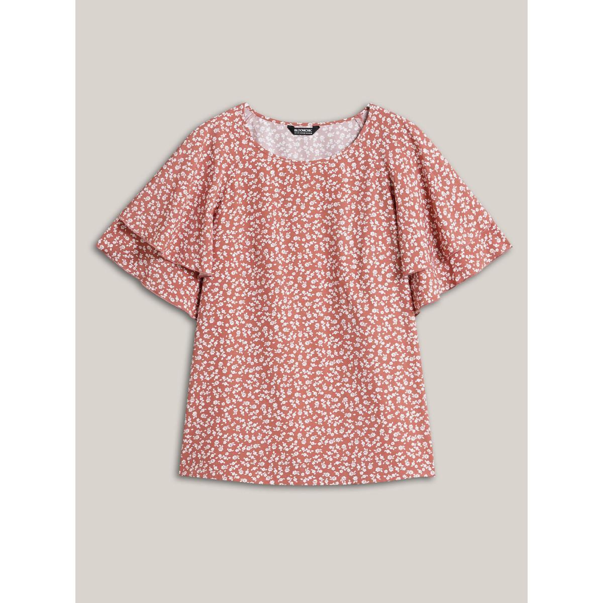 Plus Size Rouge Ditsy Floral Print Tiered Lotus Leaf Sleeve Shirt Women Elegant Short sleeve Round Neck Everyday Blouses BloomChic 18-20/2X Product Image