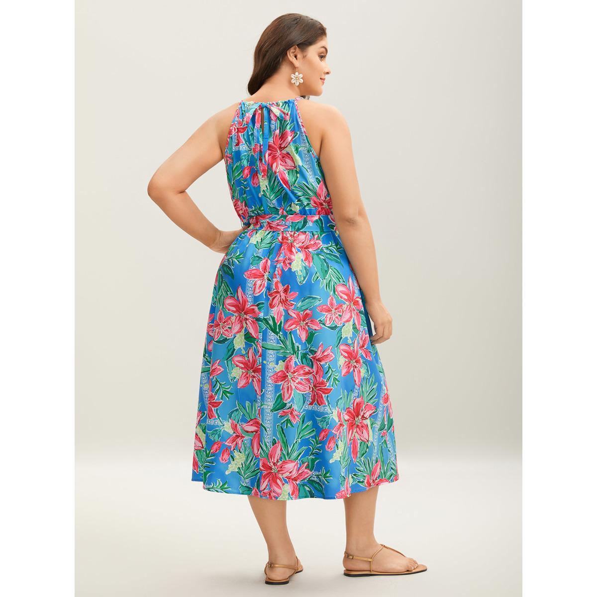 Plus Size Sweet Tropical Print Halter Neck Dress Skyblue Women Halter neck Sleeveless Curvy BloomChic 28/5X Product Image