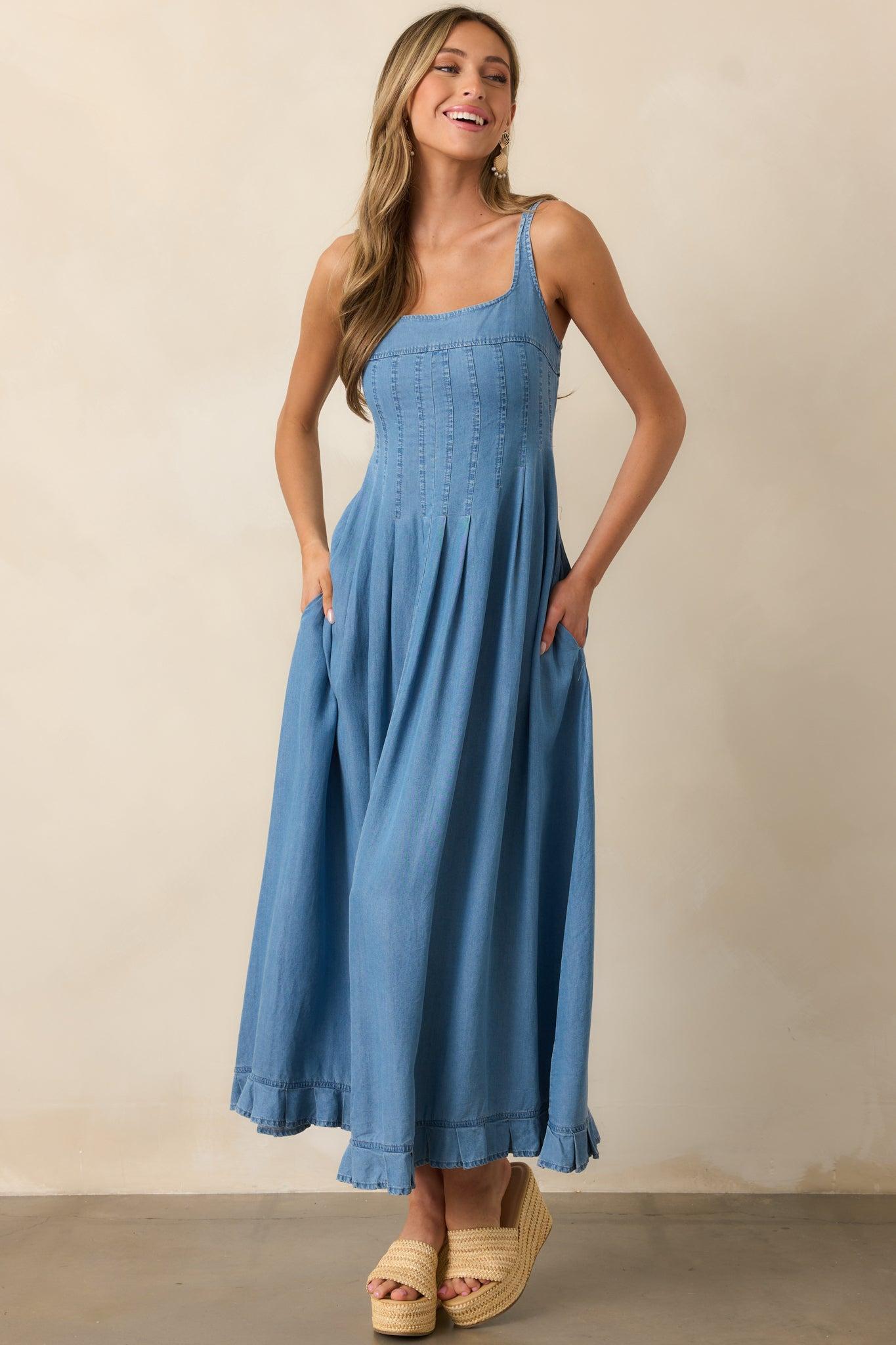Cascading Echoes Blue Chambray Maxi Dress Product Image