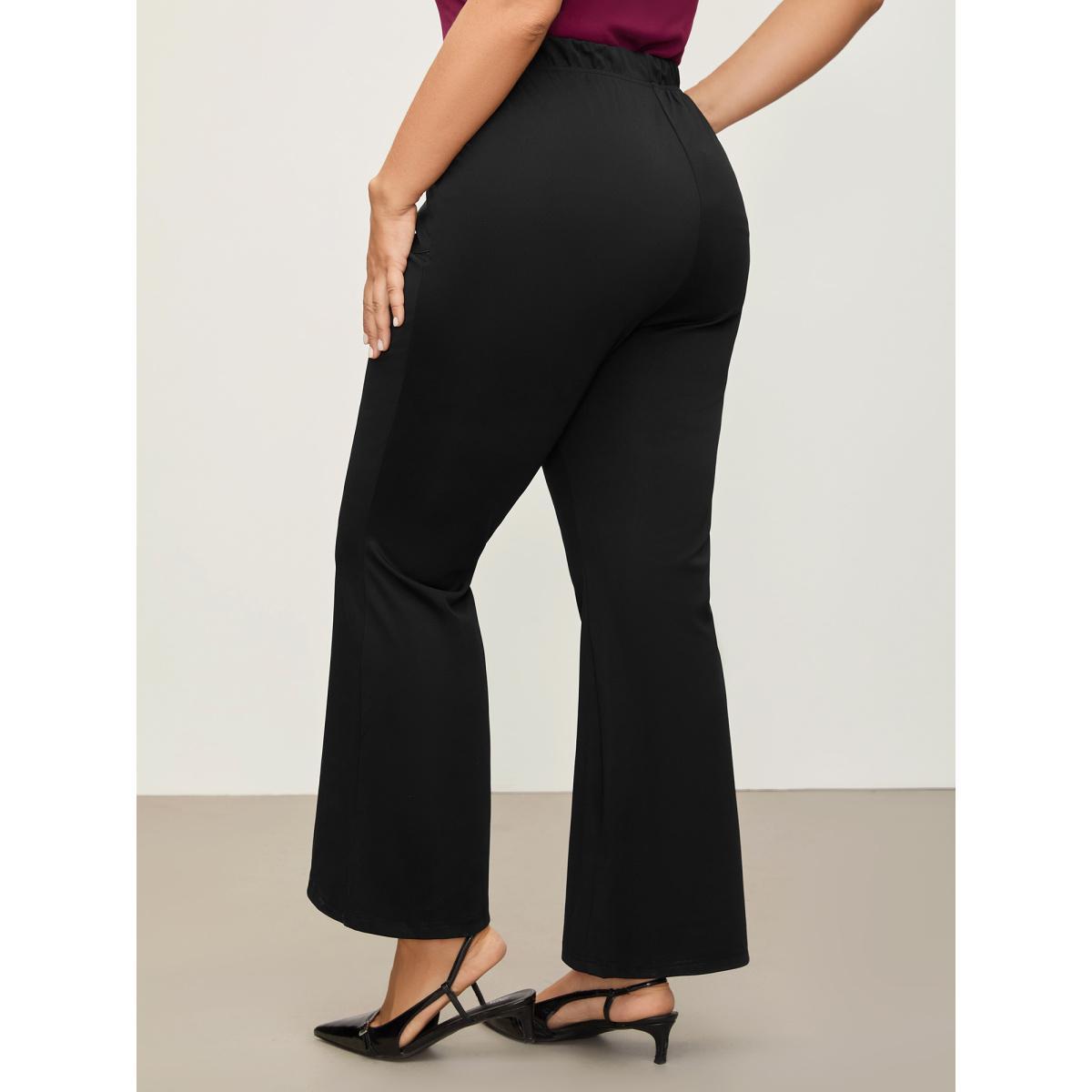 Plus Size Solid Pocket Flare Leg Elastic Waist Pants Women Black At the Office Flare Leg High Rise Work Pants BloomChic 14-16/1X Product Image
