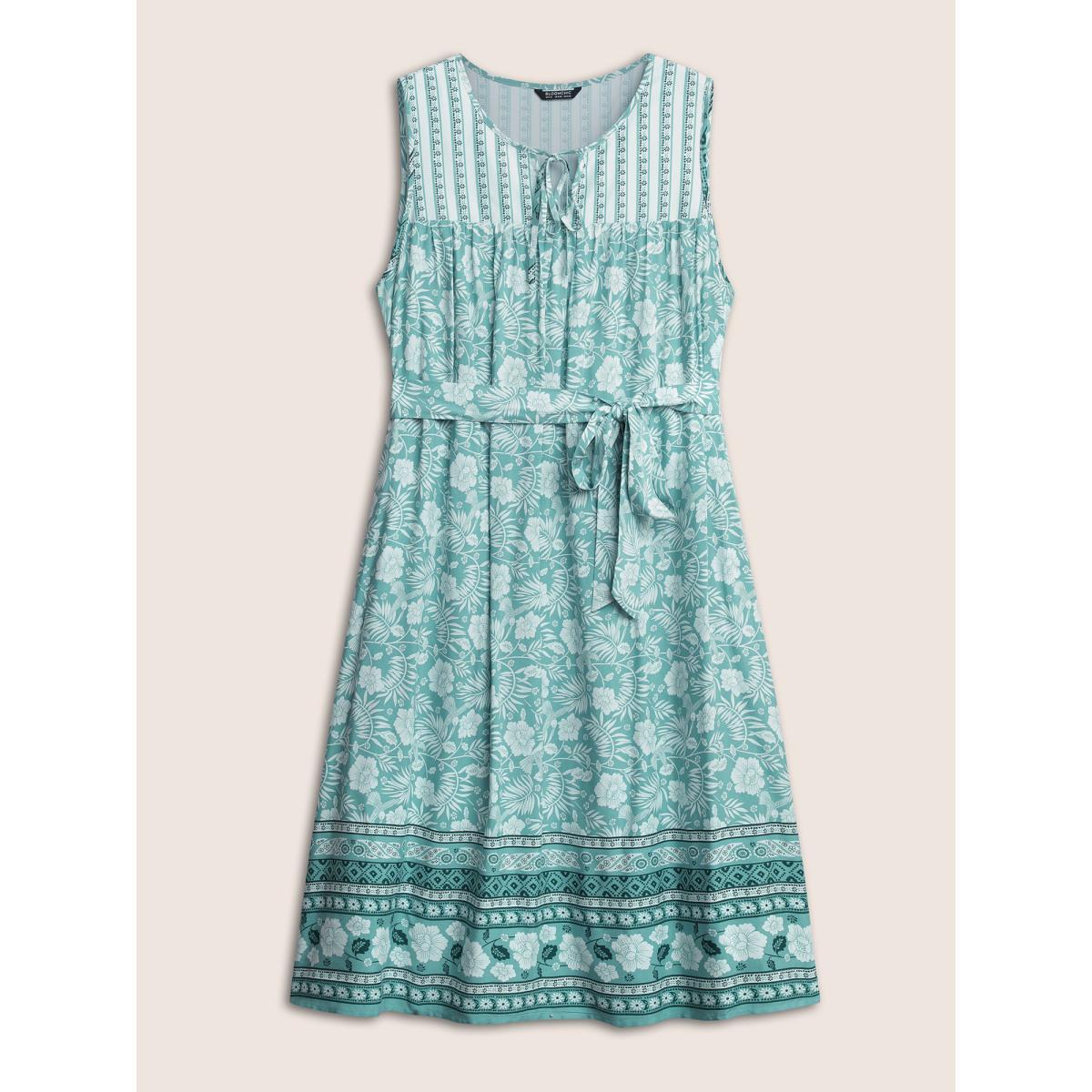 Plus Size Boho Print Tie Neck Belted Pleated Dress Turquoise Women Resort Non V-neck Sleeveless Curvy Midi Dress BloomChic 22-24/3X Product Image