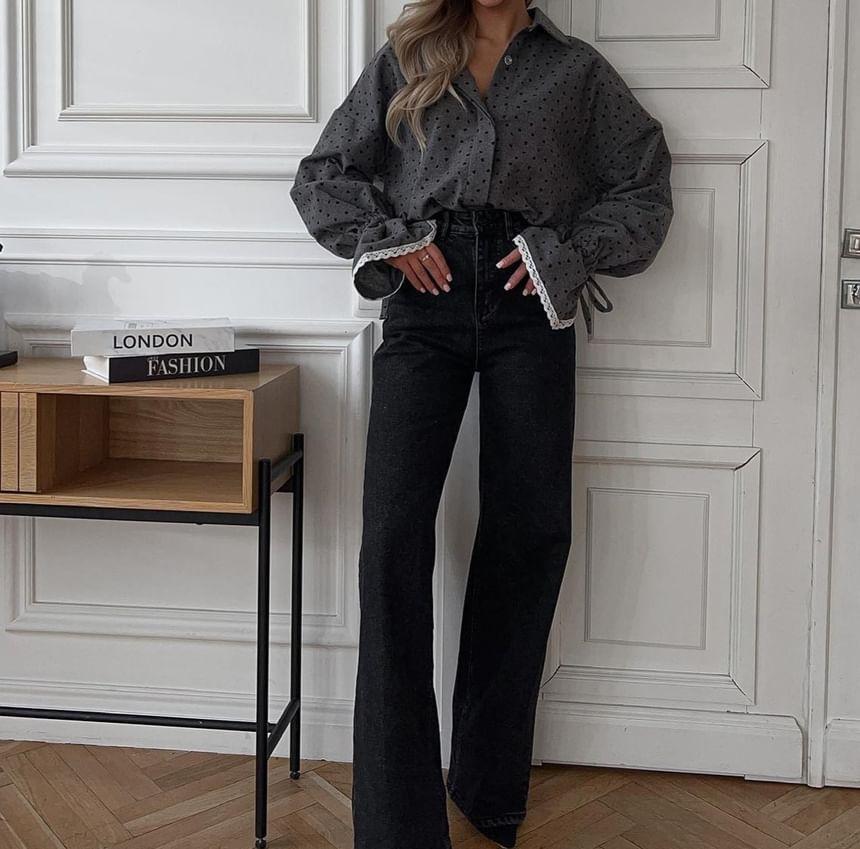 Bell Sleeve Lace-Trim Heart Print Loose-Fit Shirt Product Image