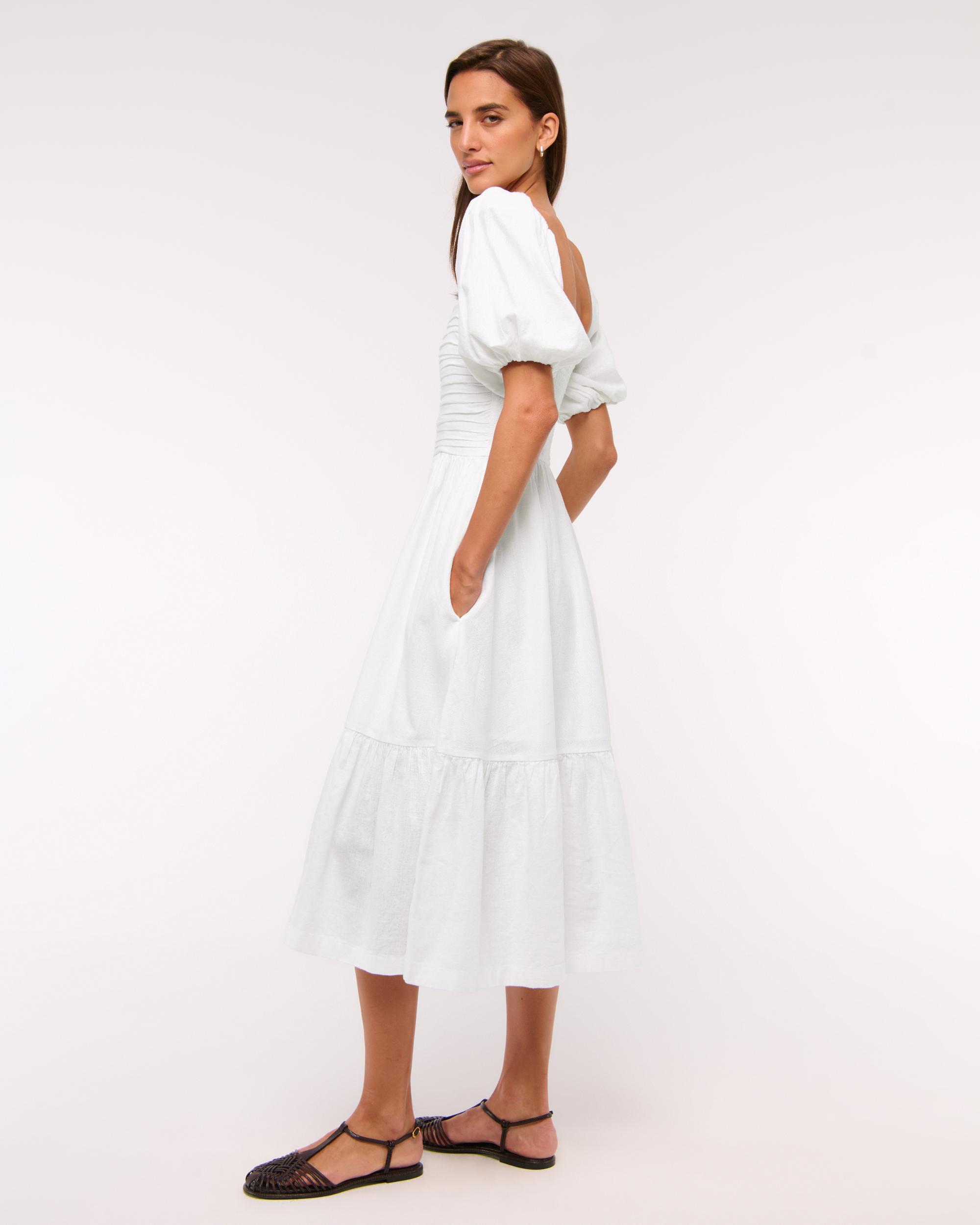The A&F Emerson Linen-Blend Puff Sleeve Midi Dress Product Image