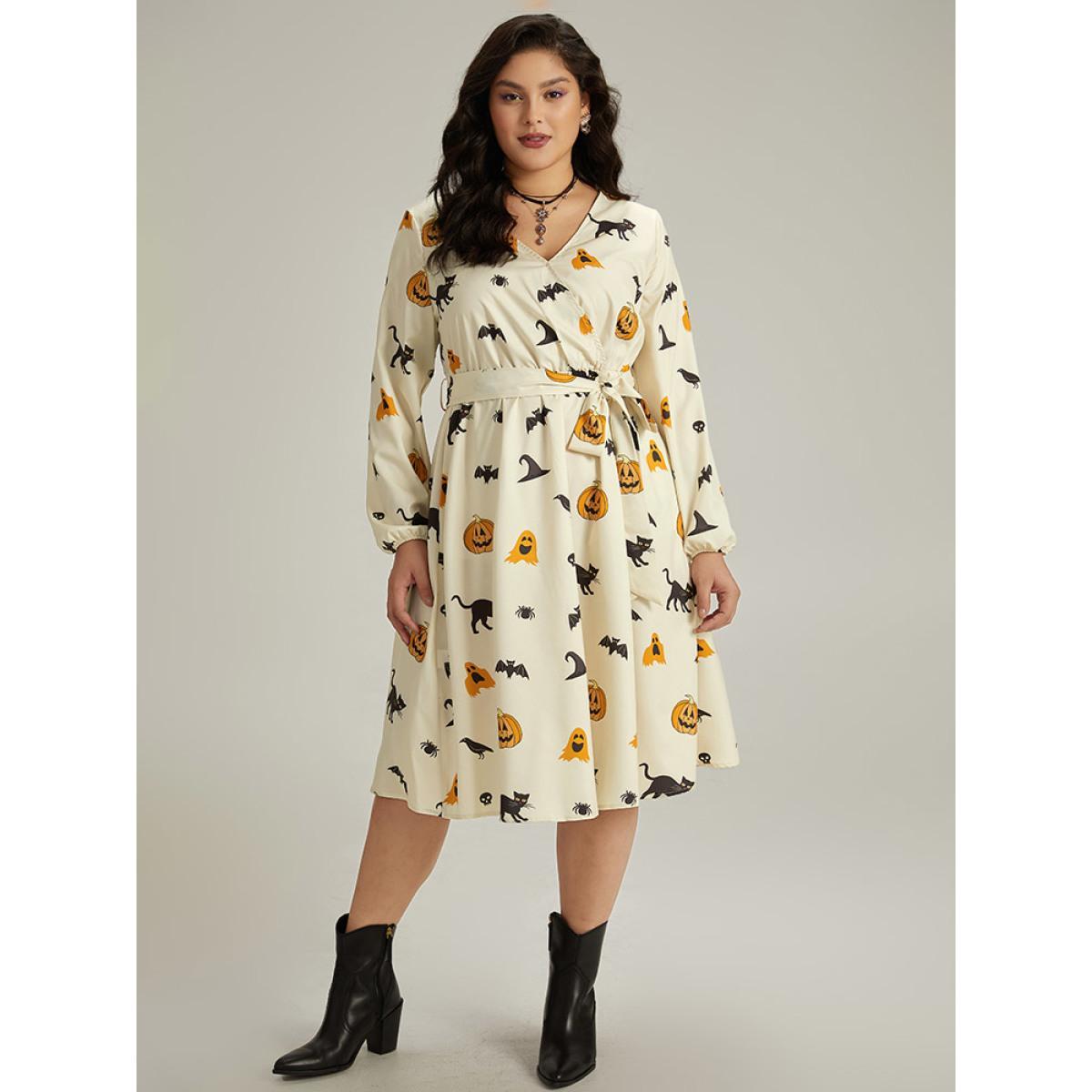 Plus Size Halloween Pumpkin & Bat Print Wrap Lantern Sleeve Dress Beige Women Office Elastic cuffs Overlap Collar Long Sleeve Curvy Midi Dress BloomChic 14-16/1X Product Image