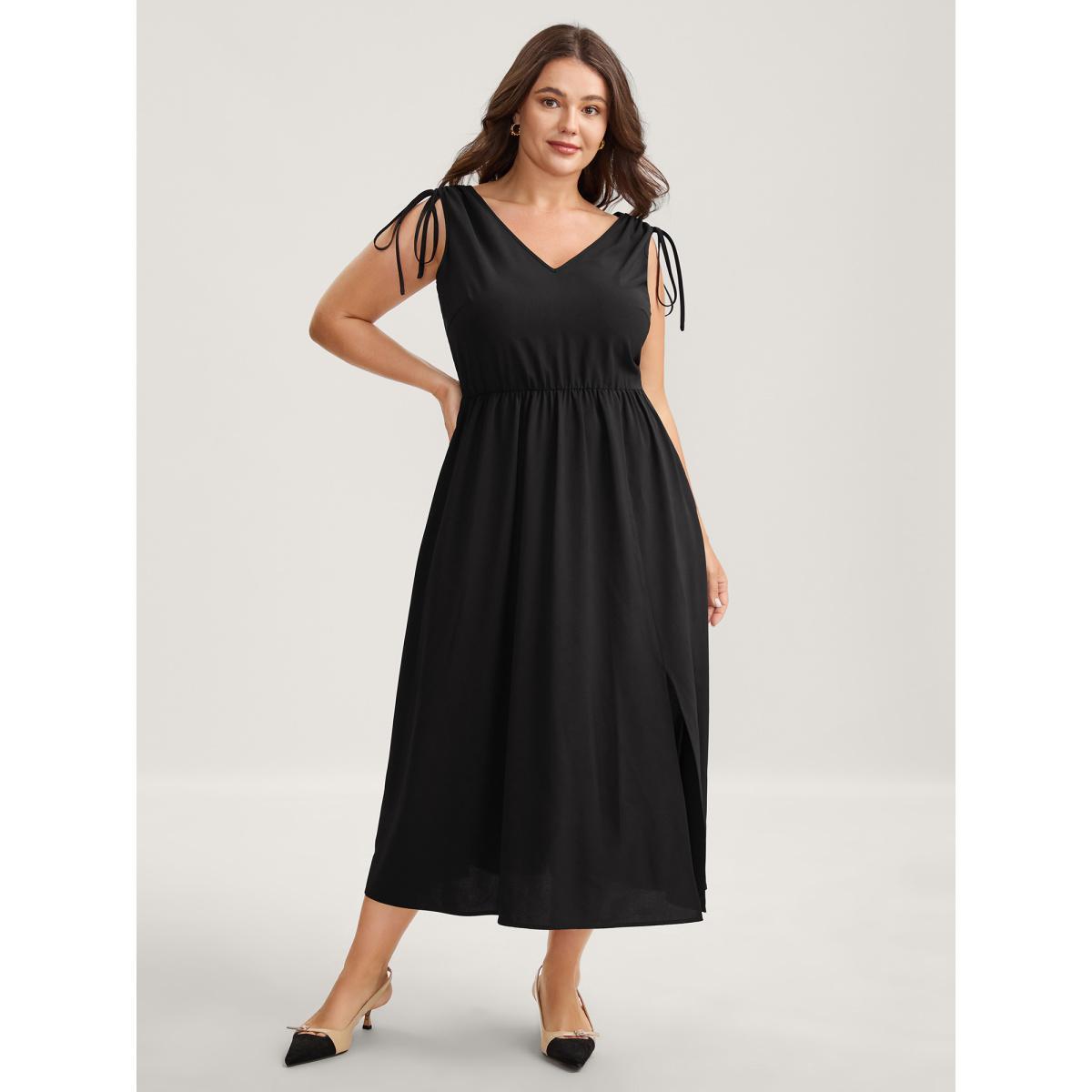 Plus Size Shoulder Drawstring Slit Solid Midi Dress Black Women V-neck Sleeveless Curvy BloomChic 28/5X Product Image