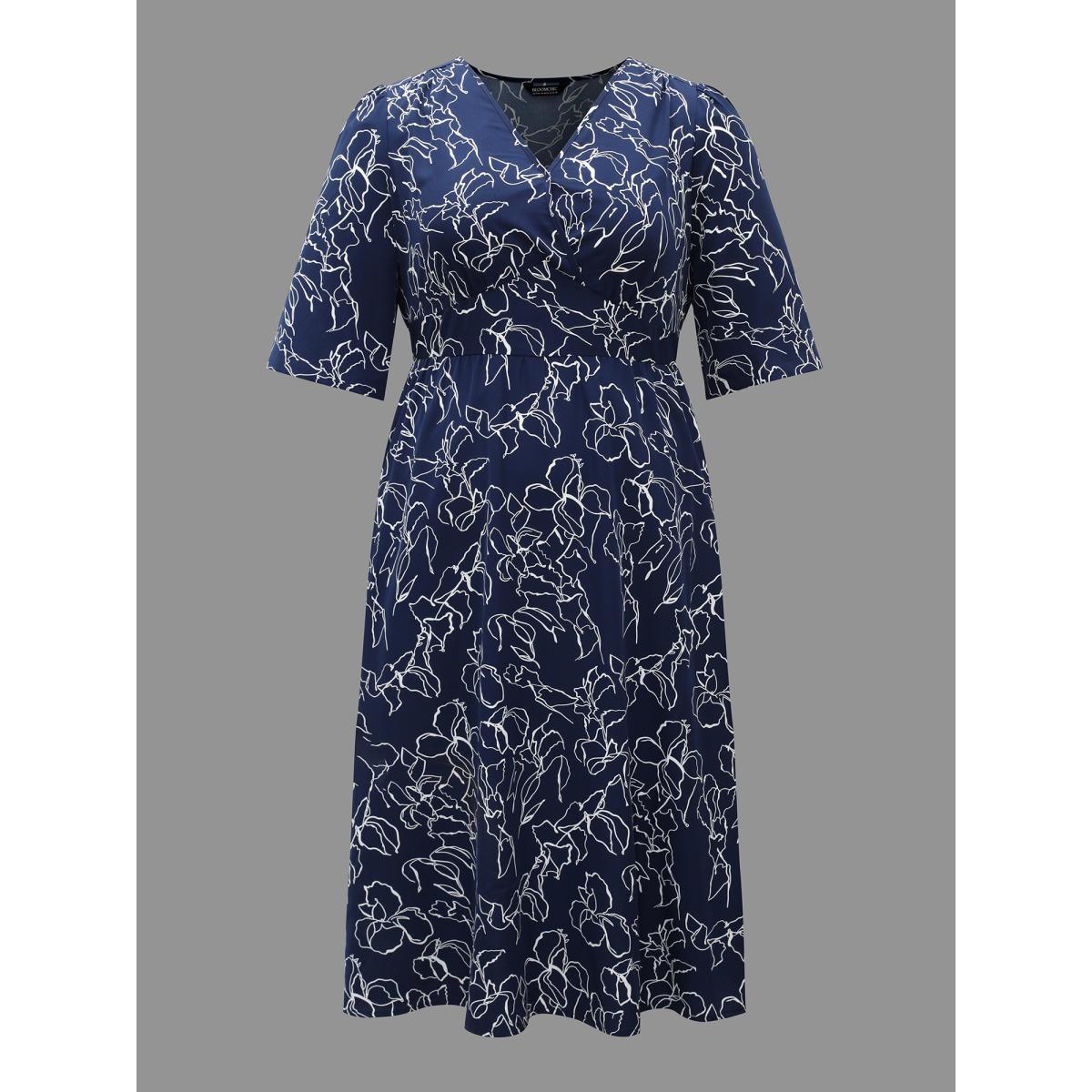 Plus Size Surplice Neck Abstract Print Fit Midi Dress Navy Women At the Office Gathered Overlap Collar Elbow-length sleeve Curvy BloomChic 26/4X Product Image