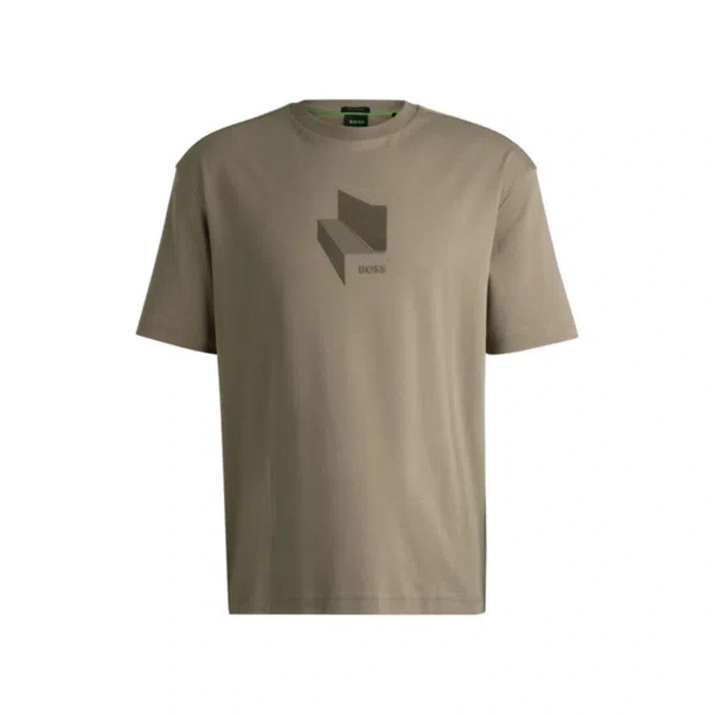 HUGO BOSS Relaxed-fit T-shirt In Interlock Cotton With Gloss Artwork In Light Green Product Image