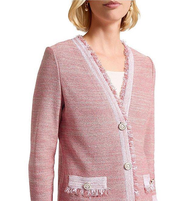 MISOOK Knit Heritage Fringe Trim Melange V-Neck Bracelet Sleeve Jacket Product Image
