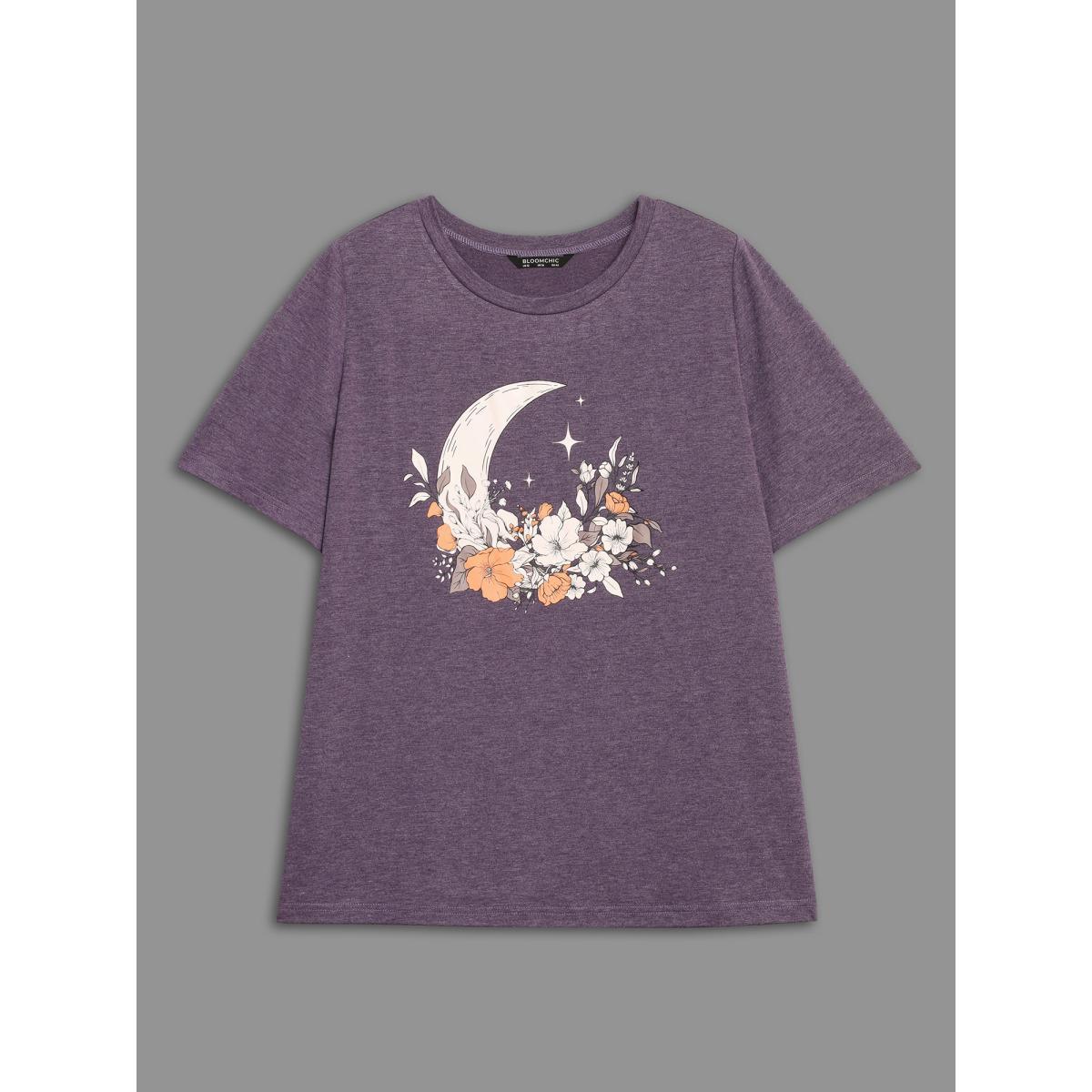 Plus Size Round Neck Moon & Floral Print T-shirt Eggplant Women Casual Non Natural Flowers Round Neck Everyday T-shirts BloomChic 18-20/2X Product Image