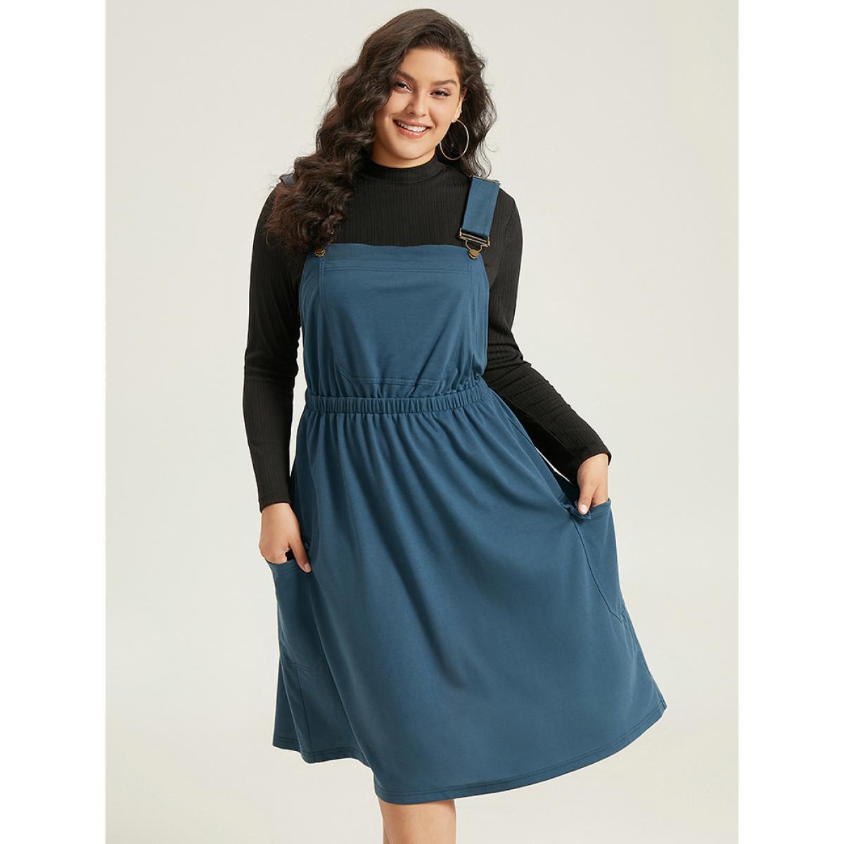 Plus Size Solid Adjustable Straps Elastic Waist Dress Indigo Women Casual Adjustable Straps Spaghetti Strap Sleeveless Curvy Midi Dress BloomChic 22-24/3X Product Image