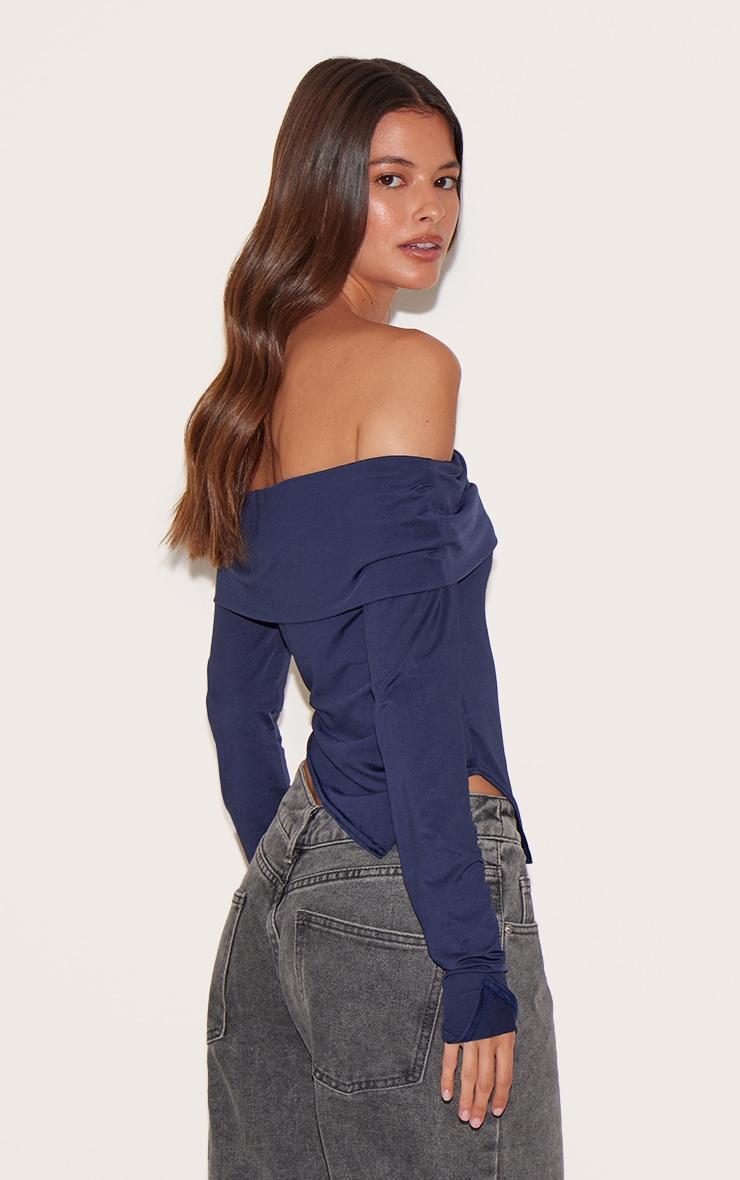 Navy Slinky Bardot Asymmetric Long Top Product Image