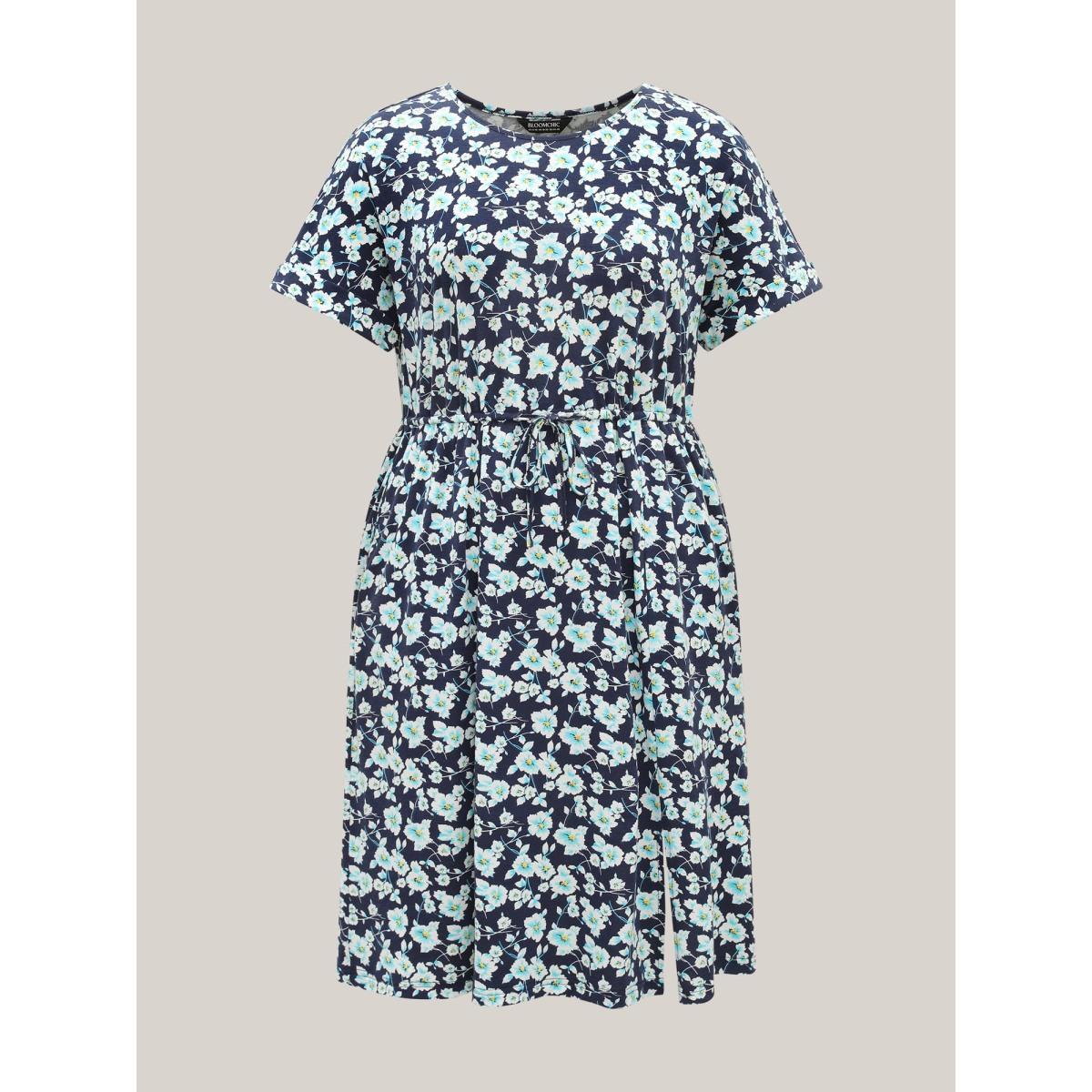 Plus Size Supersoft Ditsy Floral Waist-Tie Midi Dress Navy Women Round Neck Short sleeve Curvy BloomChic 12/L Product Image