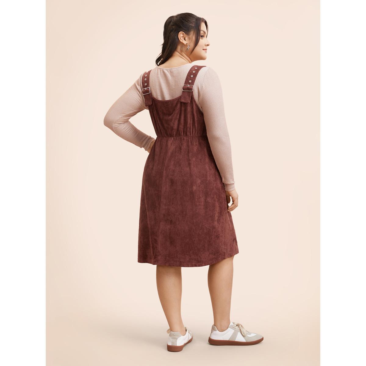 Plus Size Faux Suede Pocket Overall Dress Burgundy Women Casual Eyelet V-neck Sleeveless Curvy BloomChic 30/6X Product Image