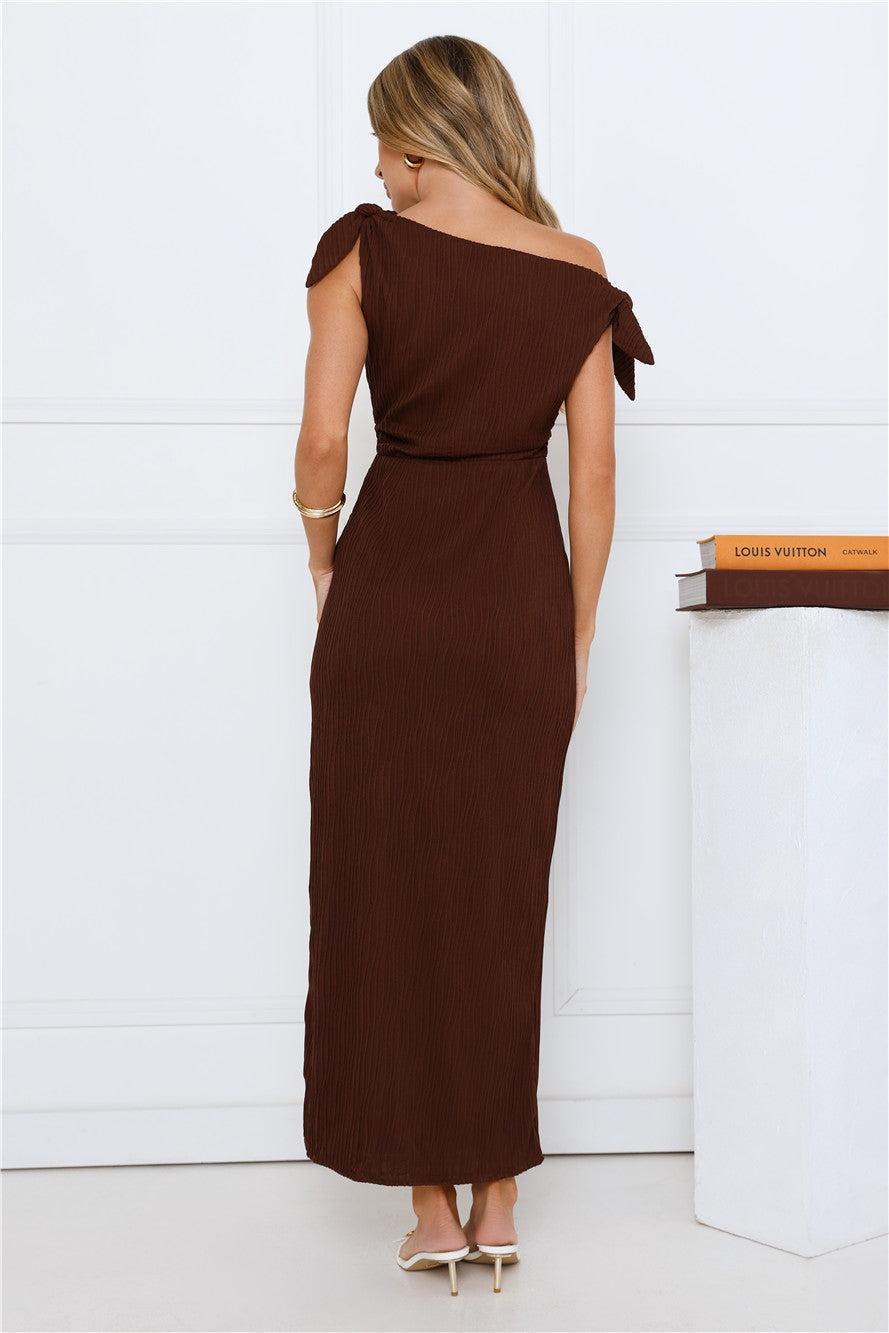Polished Energy Off Shoulder Maxi Dress Brown Product Image