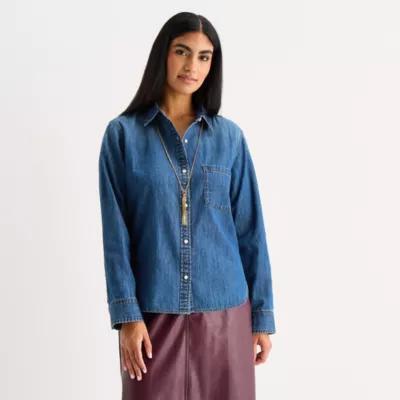 a.n.a Womens Long Sleeve Cuffed Sleeve Regular Fit Button-Down Shirt Product Image