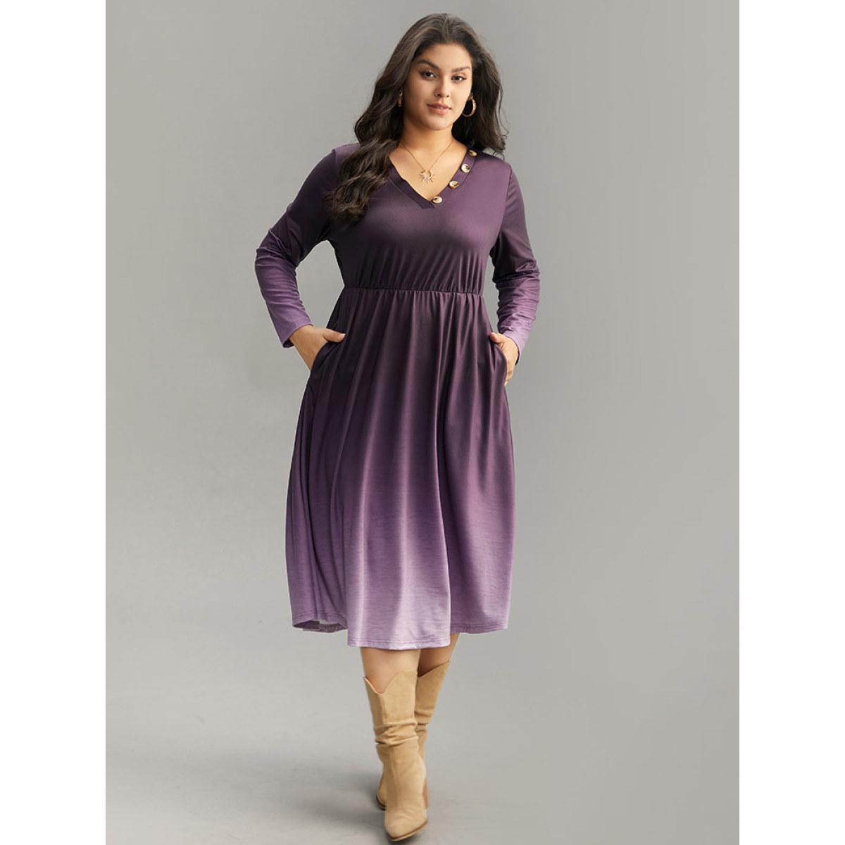 Plus Size Tie Dye Button Detail Pocket Elastic Waist Dress Purple Women Casual Tie Dye V-neck Long Sleeve Curvy Midi Dress BloomChic 14-16/1X Product Image