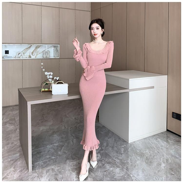 Long Sleeve Scoop Neck Plain Ruffle Knit Maxi Sheath Dress Product Image