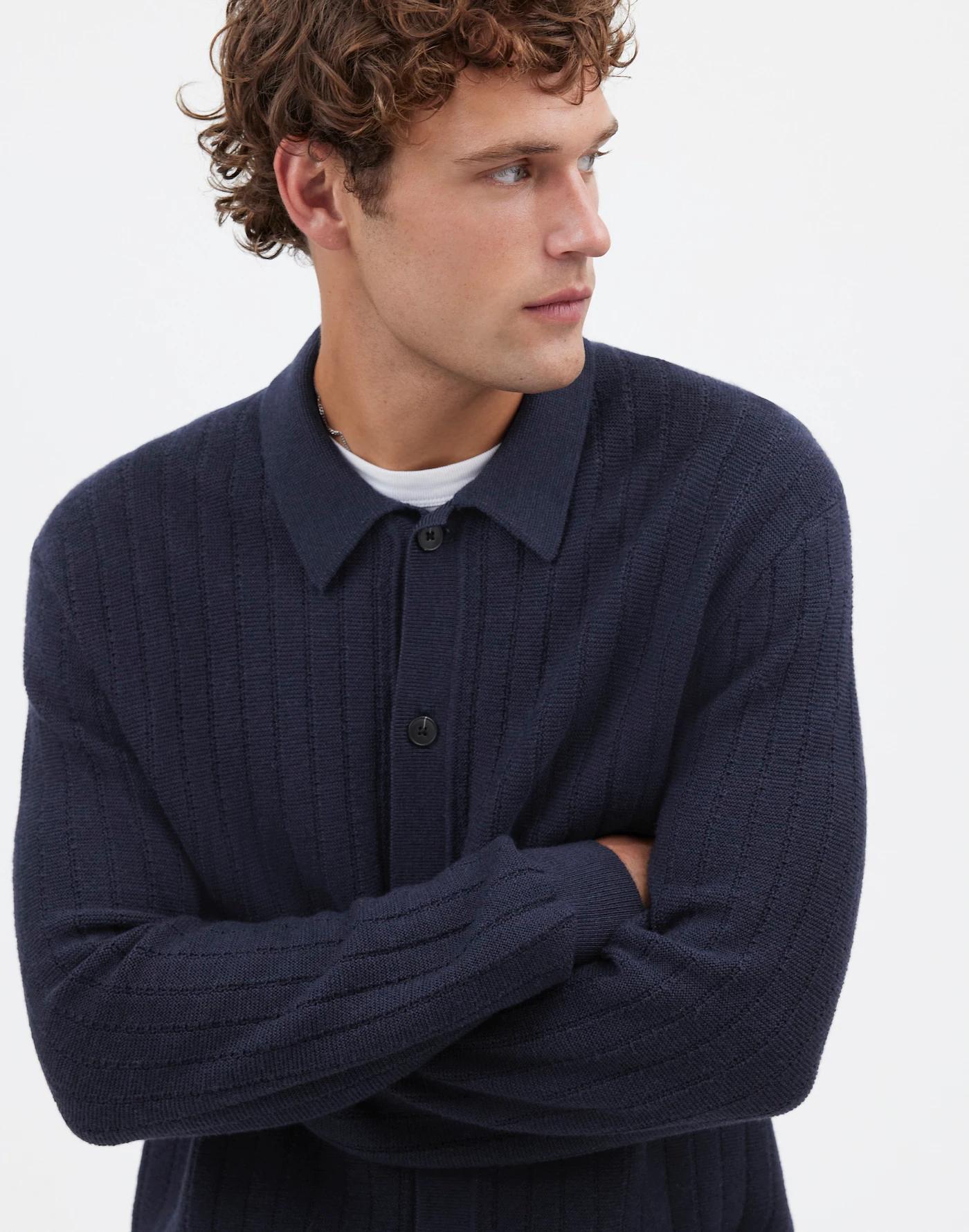 Button-Up Long-Sleeve Polo Shirt in Merino Wool Product Image