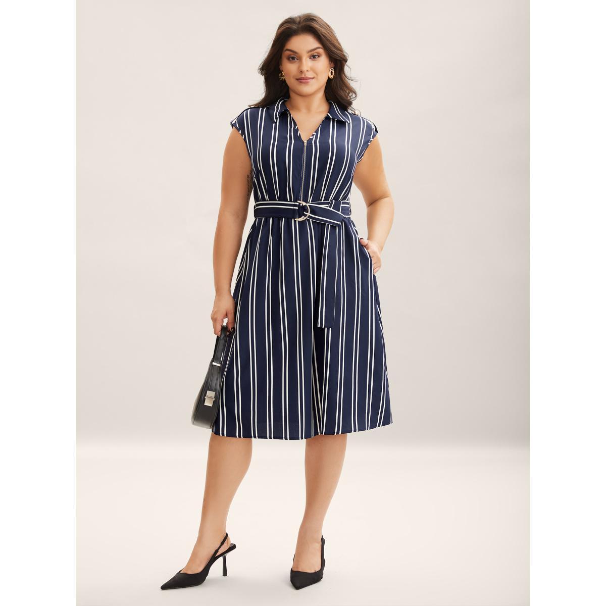 Plus Size Stripe Print Zipper Belted Midi Dress Navy Women Shirt collar Sleeveless Curvy BloomChic 10/M Product Image