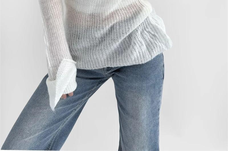 Long-Sleeve V-Neck Plain Sheer Knit Top Product Image