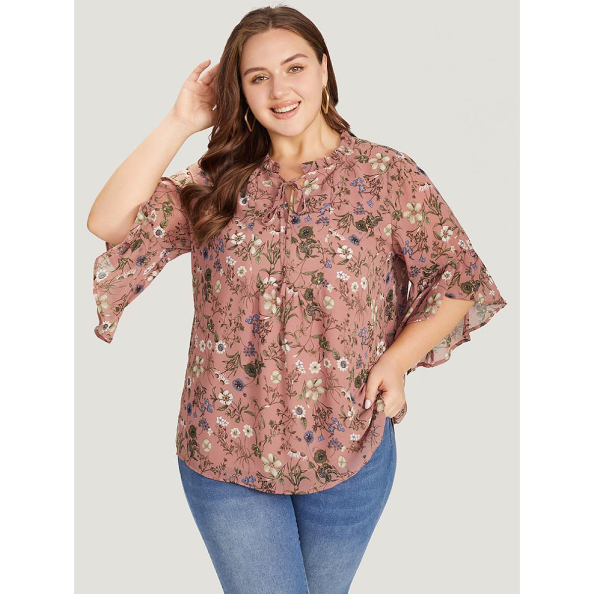 Plus Size Rouge Floral Tie Neck Frill Trim Bell Sleeve Blouse Women Elegant Half Sleeve Tie Neck Dailywear Blouses BloomChic 12/L Product Image
